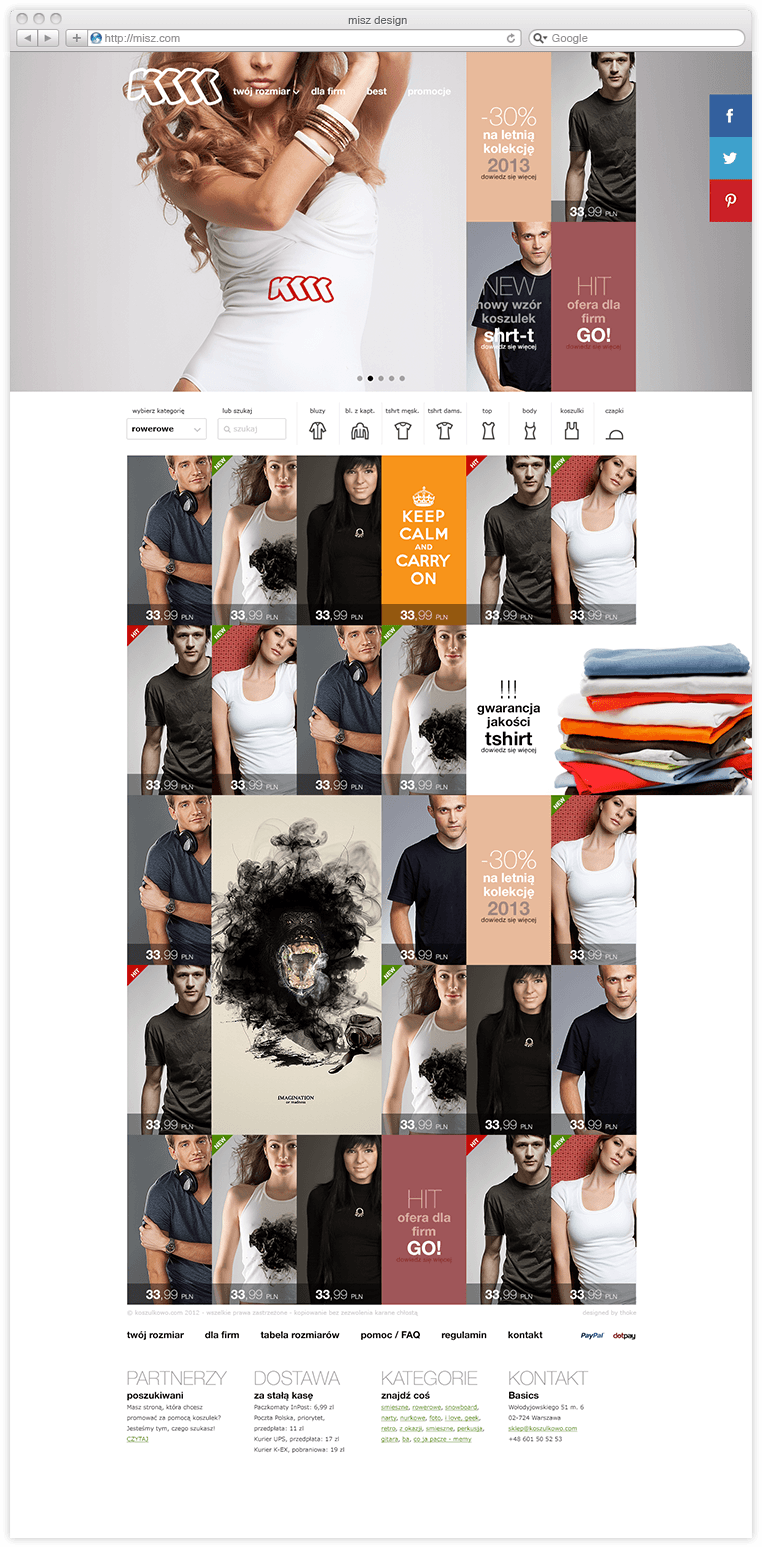 The store homepage — a campaign slider, category icons and a t-shirt grid with prices