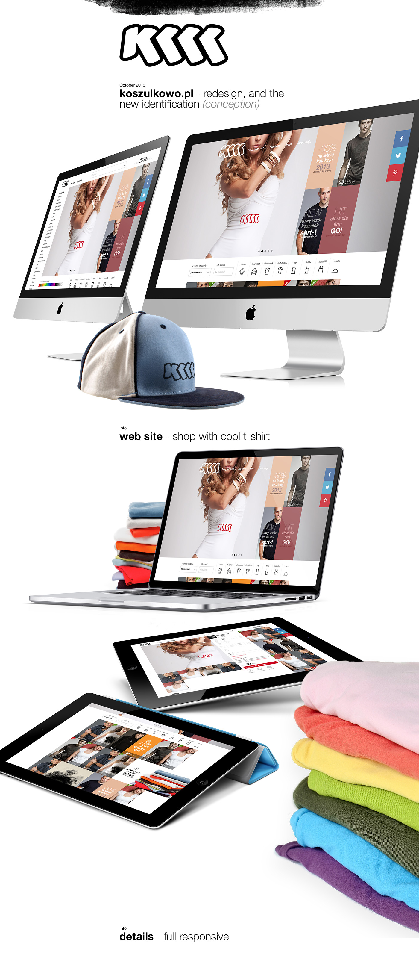 koszulkowo.pl presentation board — the brand mark, the store on an iMac, MacBook and iPads, and a cap with the logo