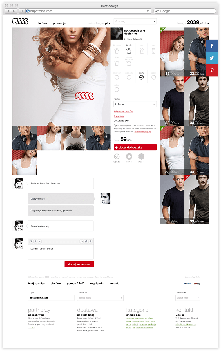 Product card — size and colour selection, add to cart, and a comment thread below the description