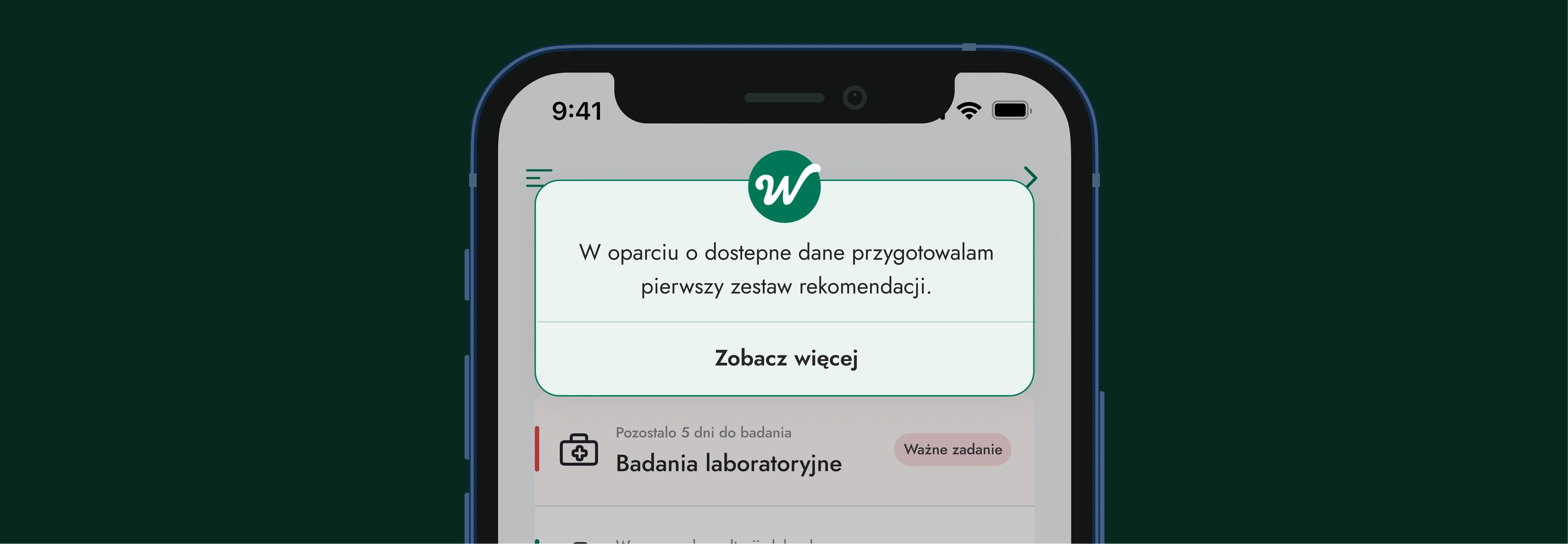 A recommendation screen on a dark green background
