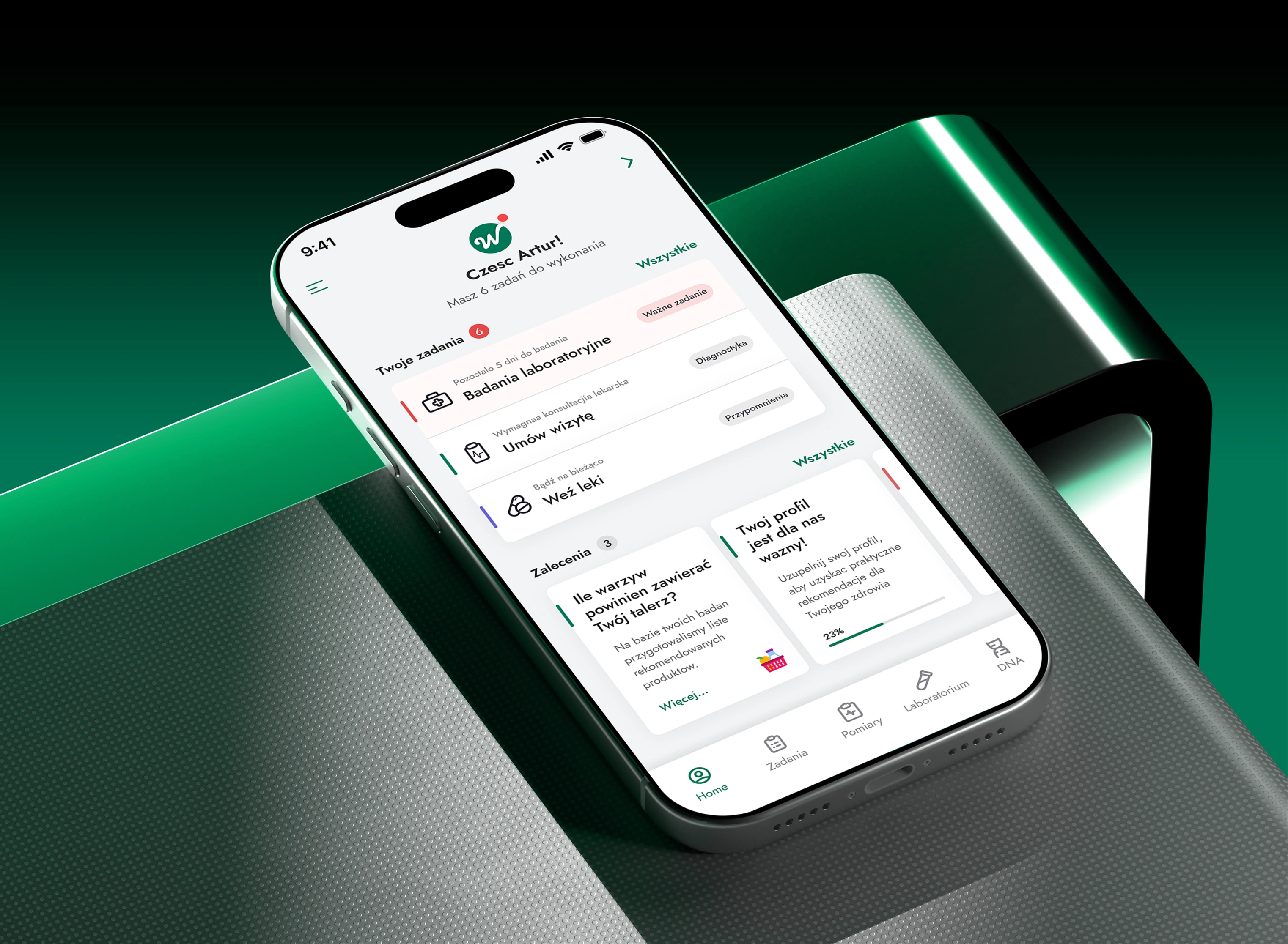 The Wellysa home screen on a phone — a plan of tests and health tasks