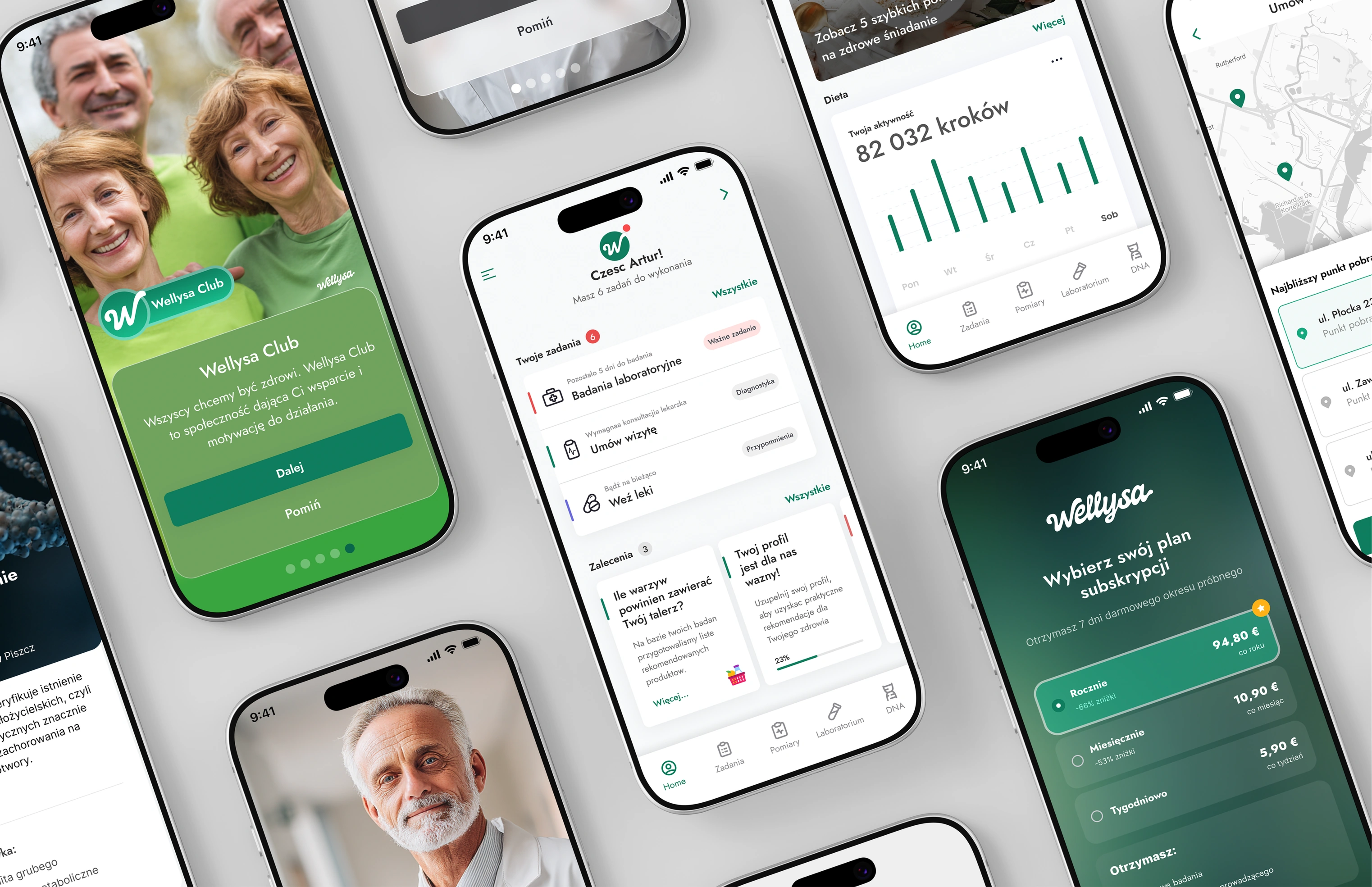 An overview of the app’s screens — health plan, activity, a map of collection points and the subscription plan