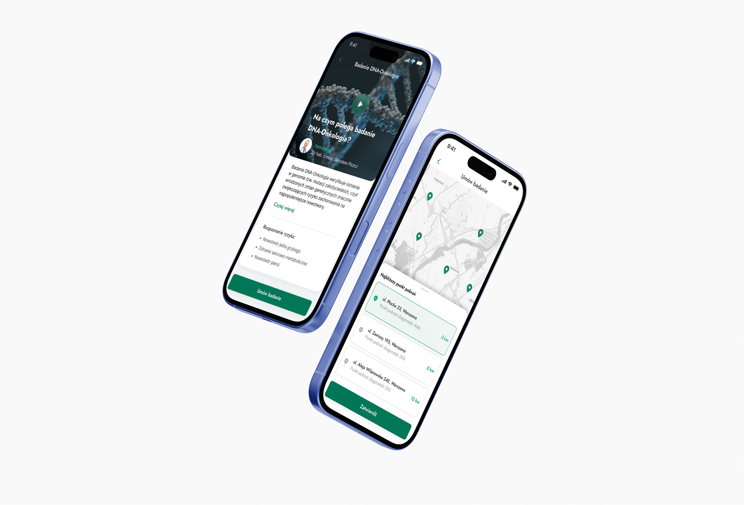 Two screens — the recommended test and a map with the nearest collection point