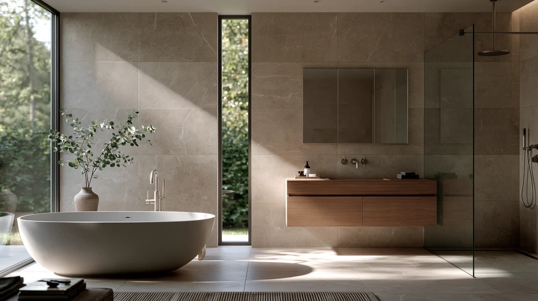 Stone bathroom opening onto the garden