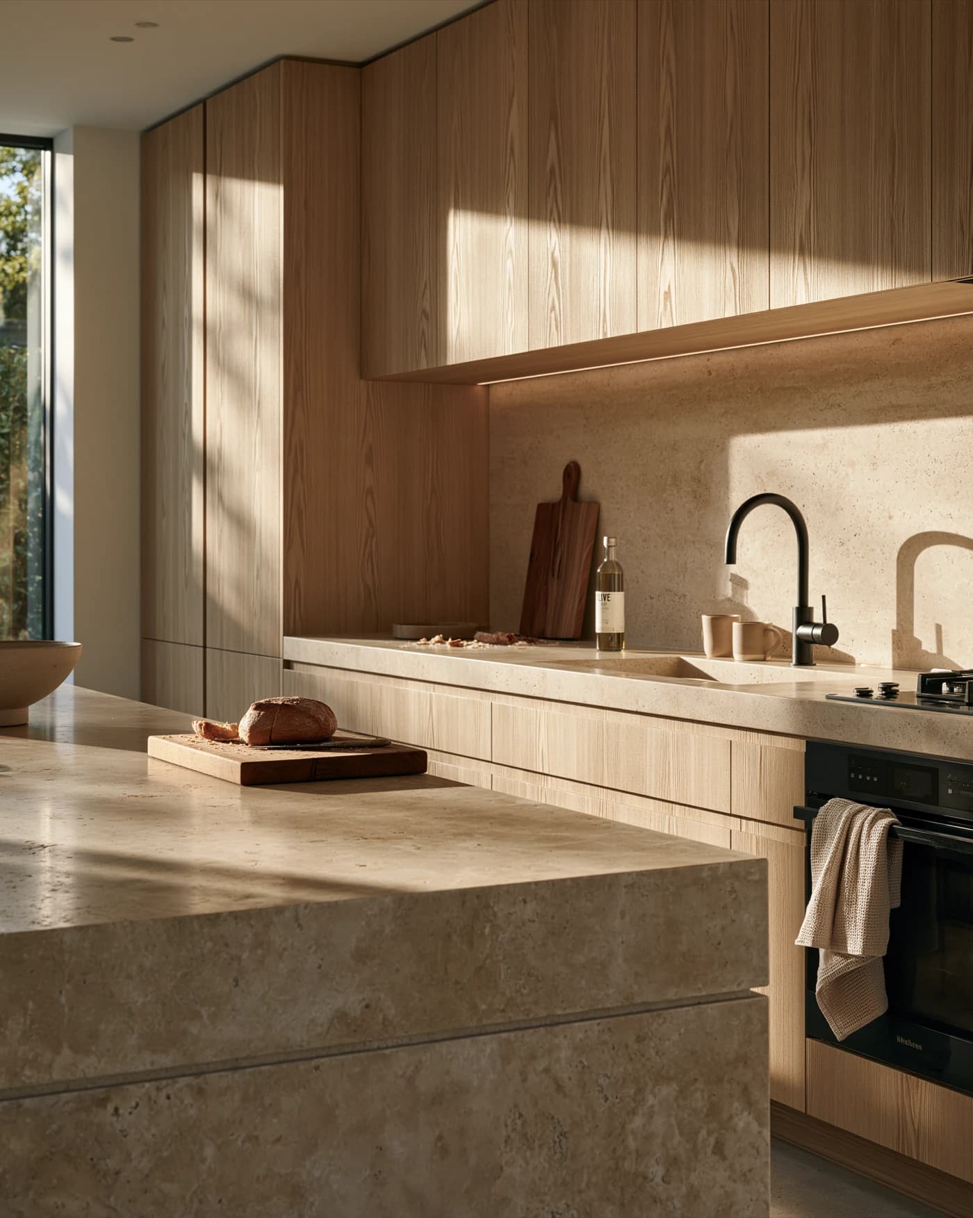 Oak galley kitchen with stone splashback