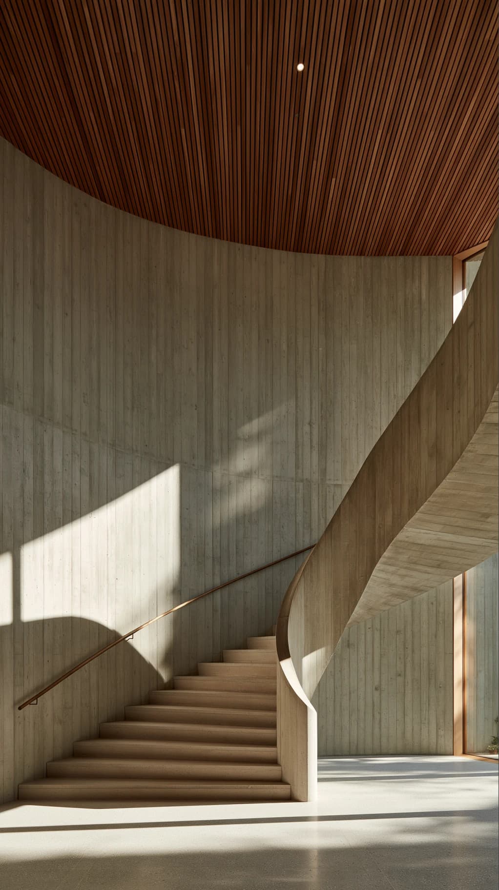 Sculpted concrete stair under a slatted timber ceiling