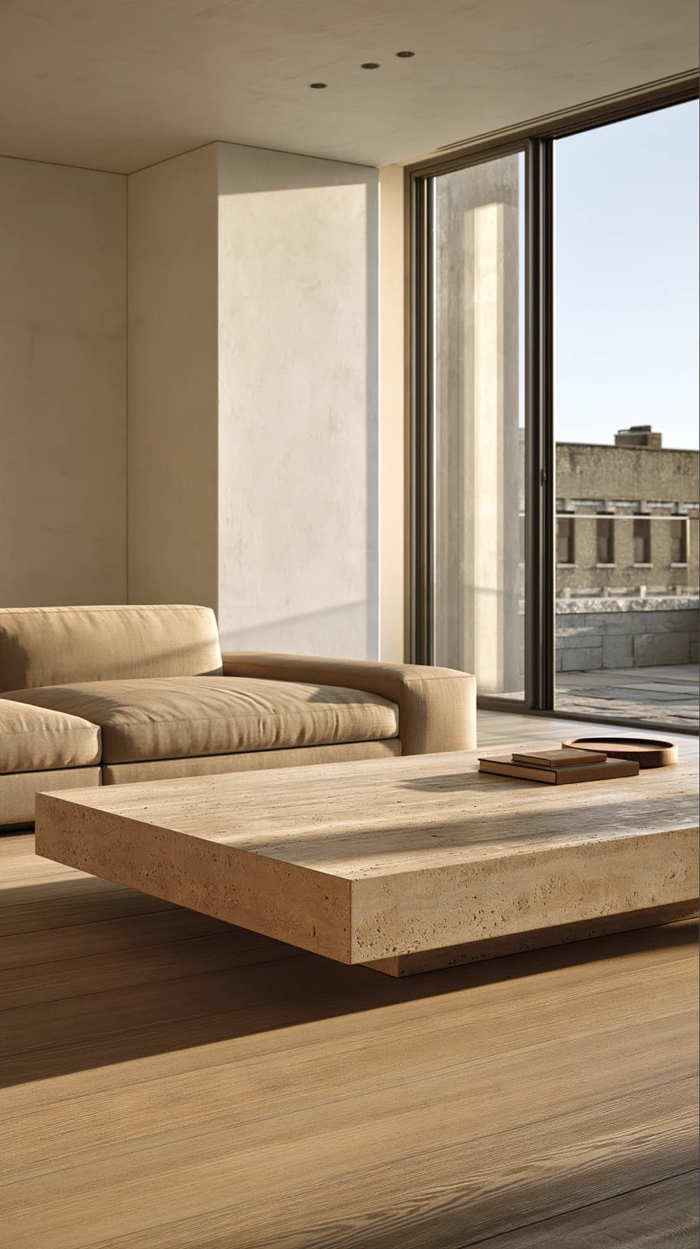 Living room with travertine table and terrace glazing