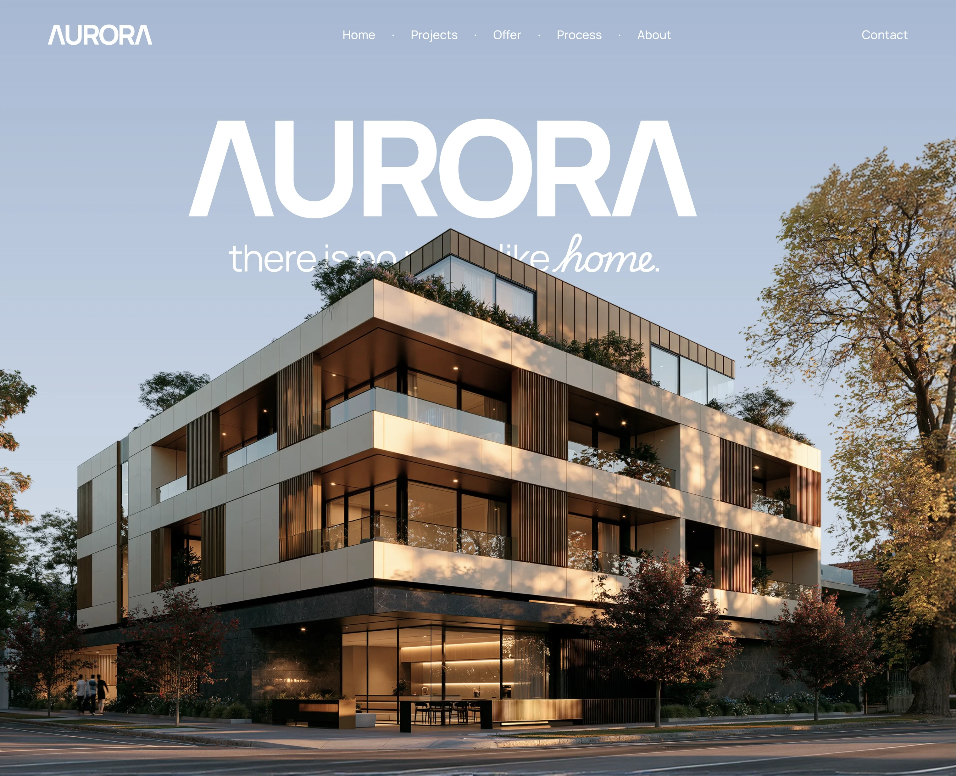 Hero — the AURORA wordmark over the building and the line “there is no place like home”