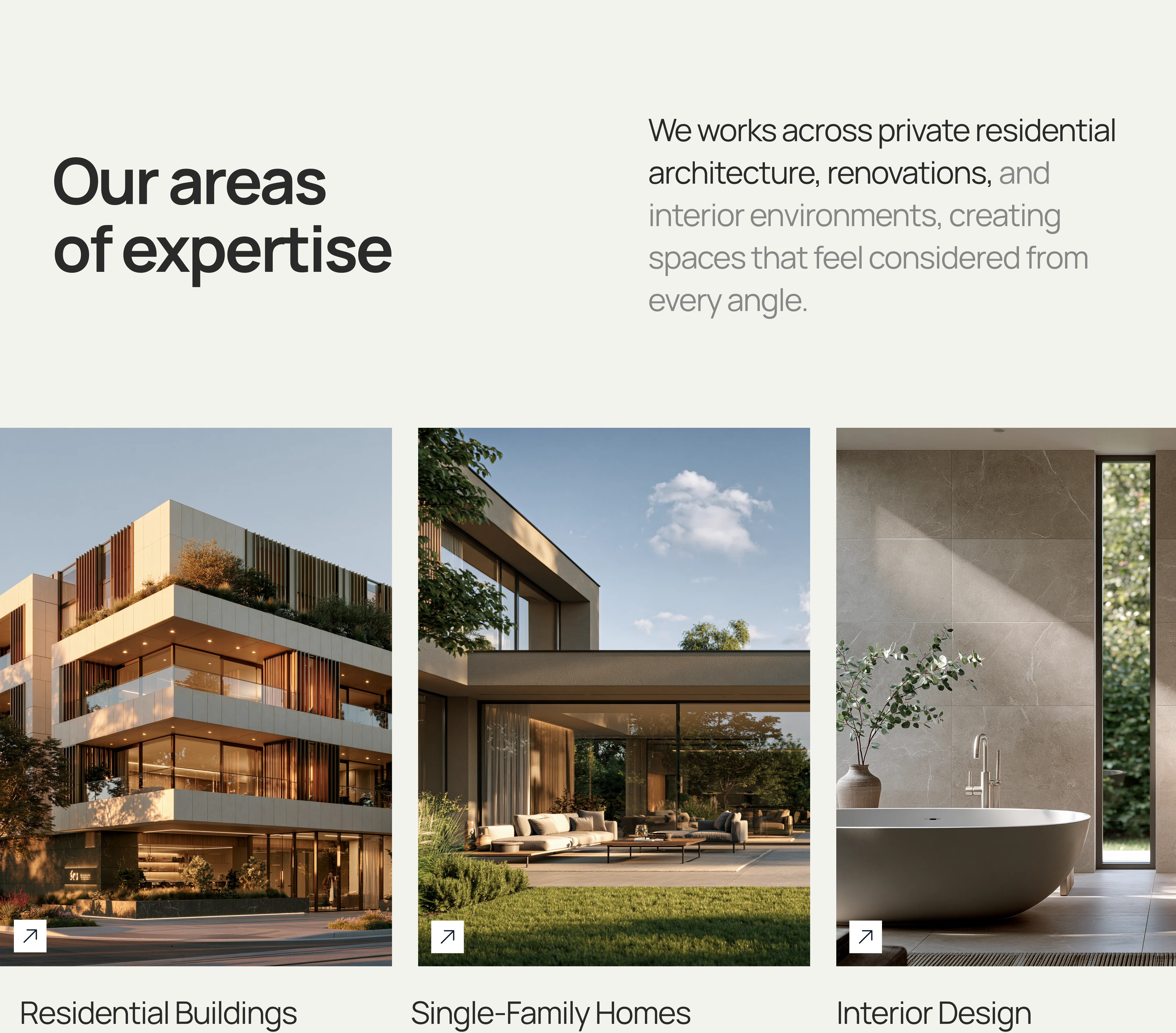 The “Our areas of expertise” section with the three fields of practice