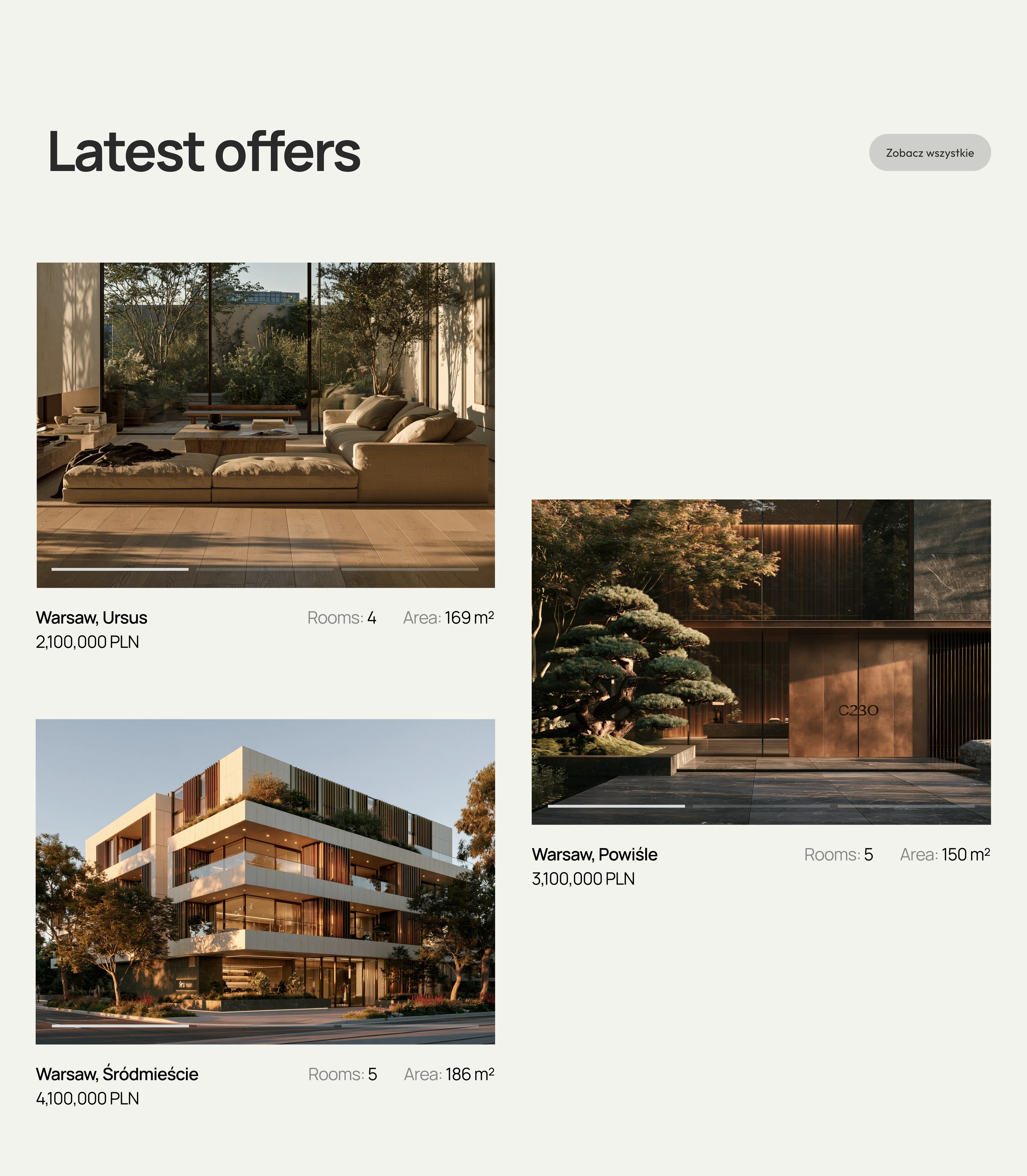 “Latest offers” — apartment cards with price, number of rooms and floor area