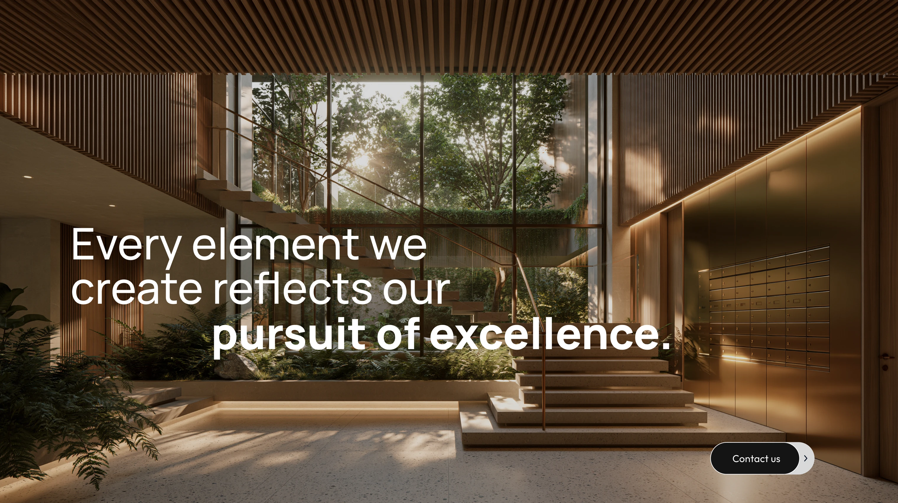 A full-bleed section reading “Every element we create reflects our pursuit of excellence”