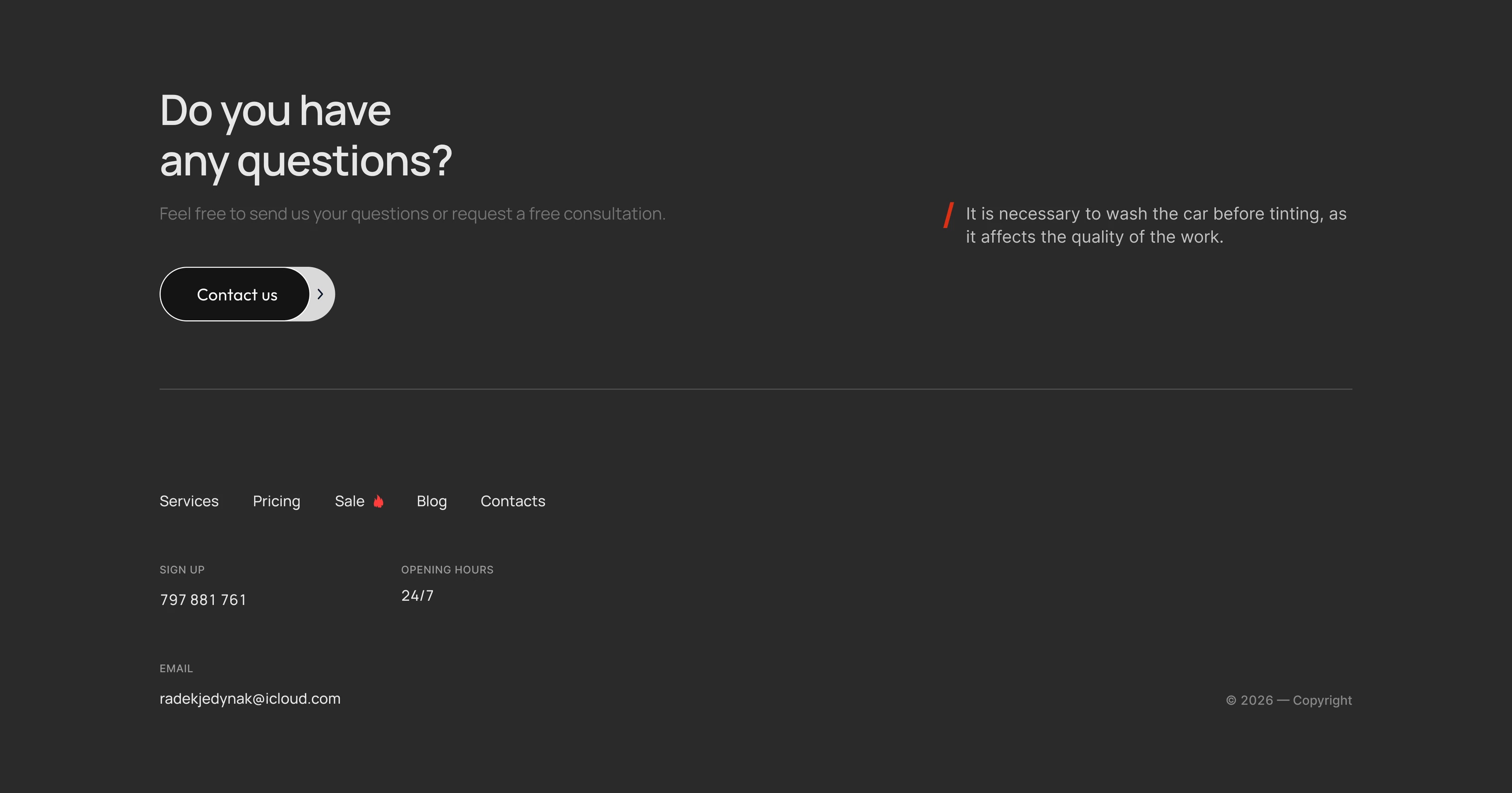 The footer with the contact section and details