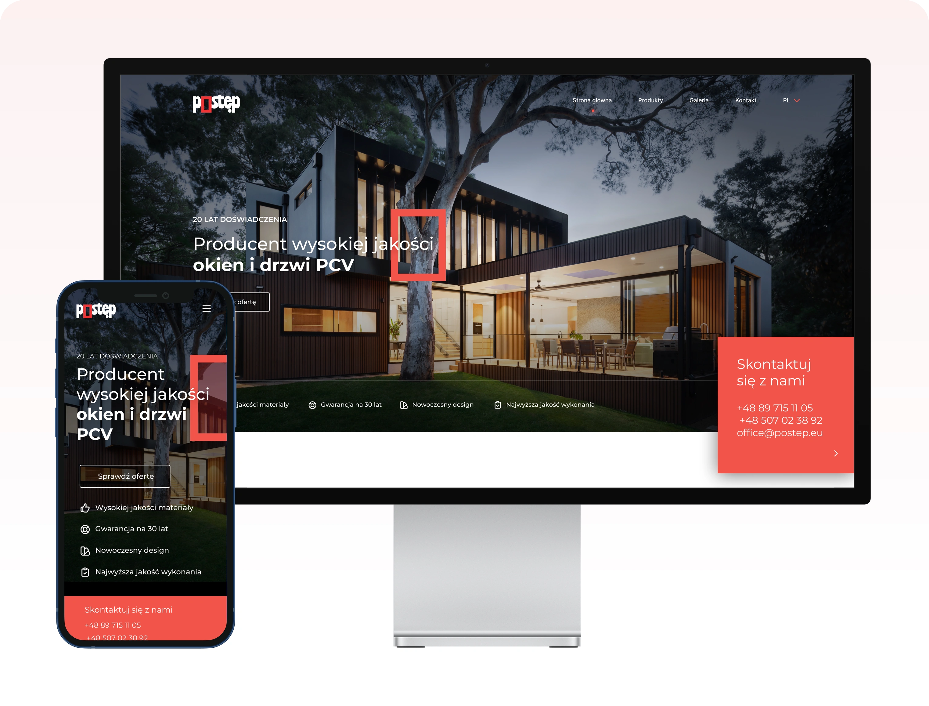Postep.eu home page on a monitor and phone — hero reading “Manufacturer of high-quality PVC windows and doors”