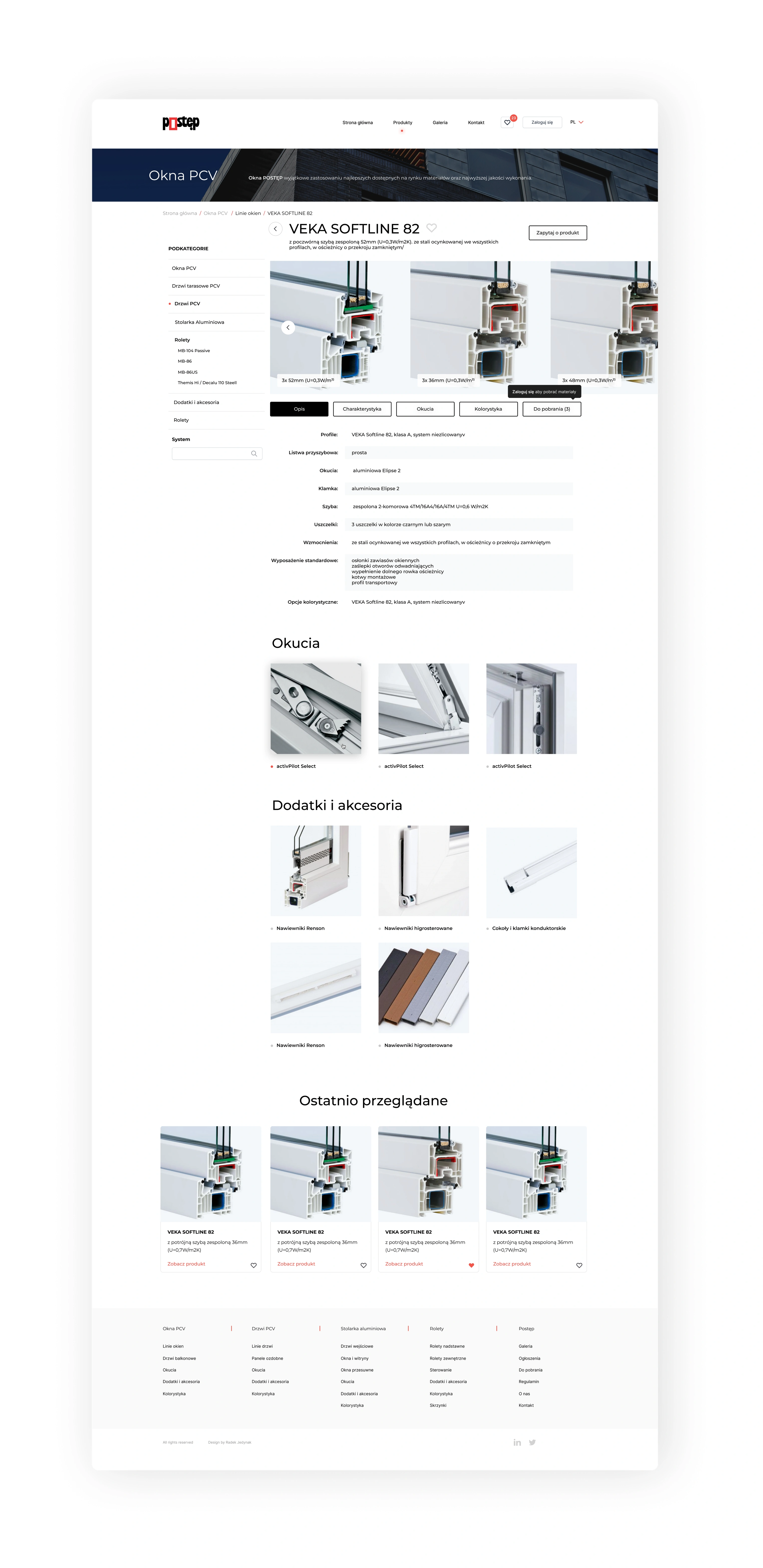 VEKA SOFTLINE 82 product page — profile cross-section, technical parameters, hardware and accessories