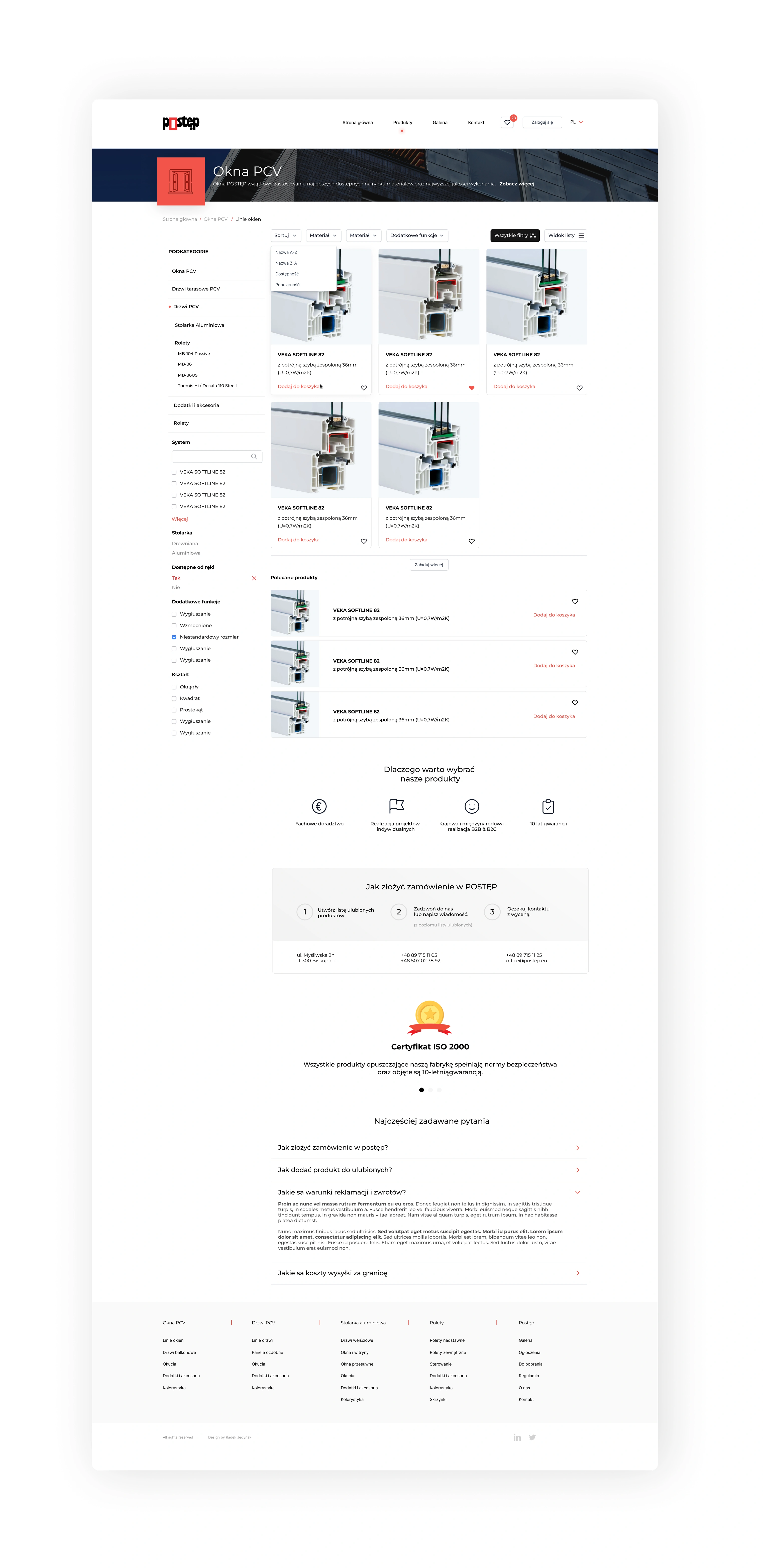 PVC Windows category listing — filters on the left, product grid, ISO 9001 certificate and an FAQ section