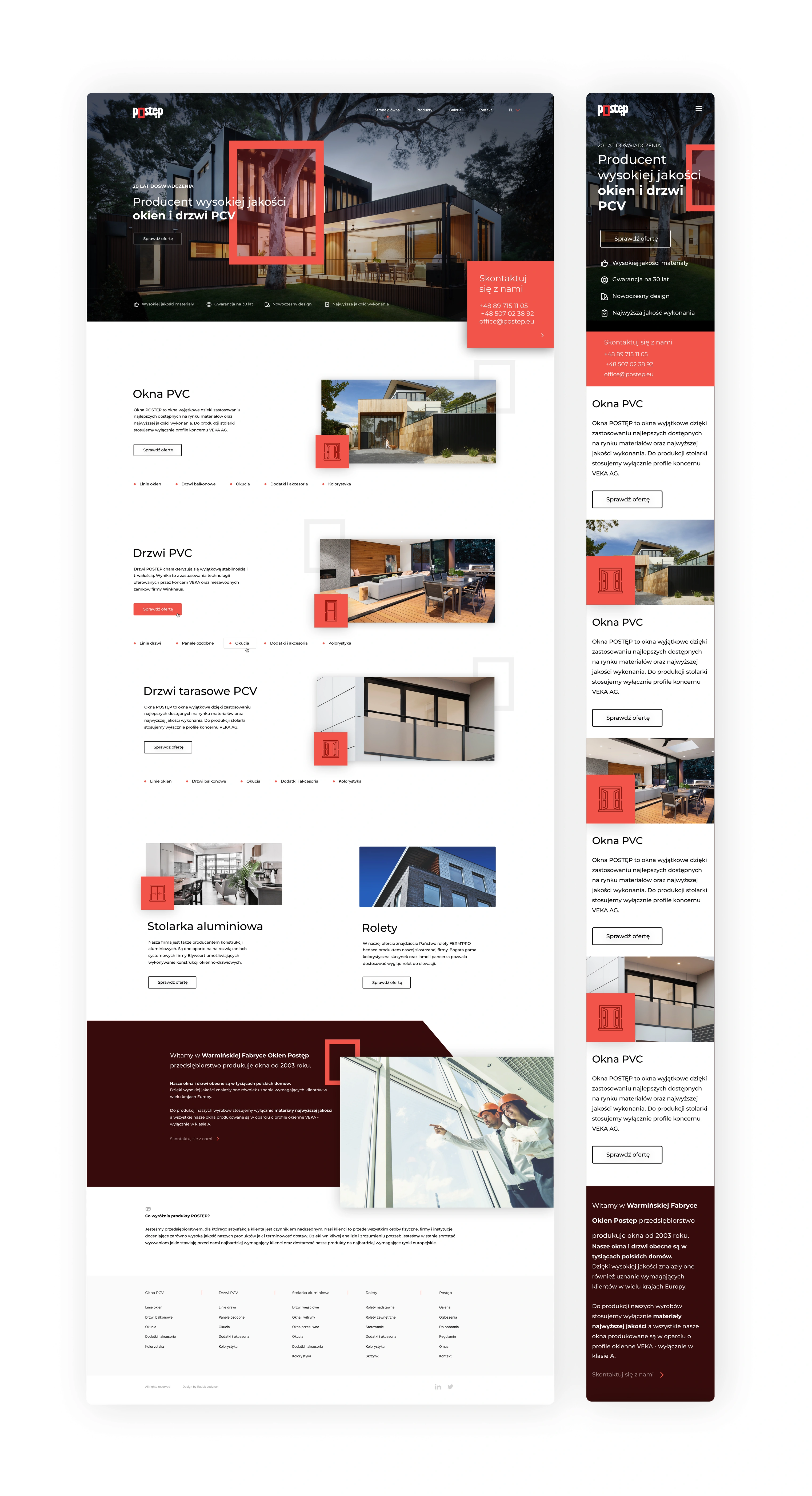 The full home page beside its mobile version — sections for windows, doors, patio doors, aluminium joinery and blinds