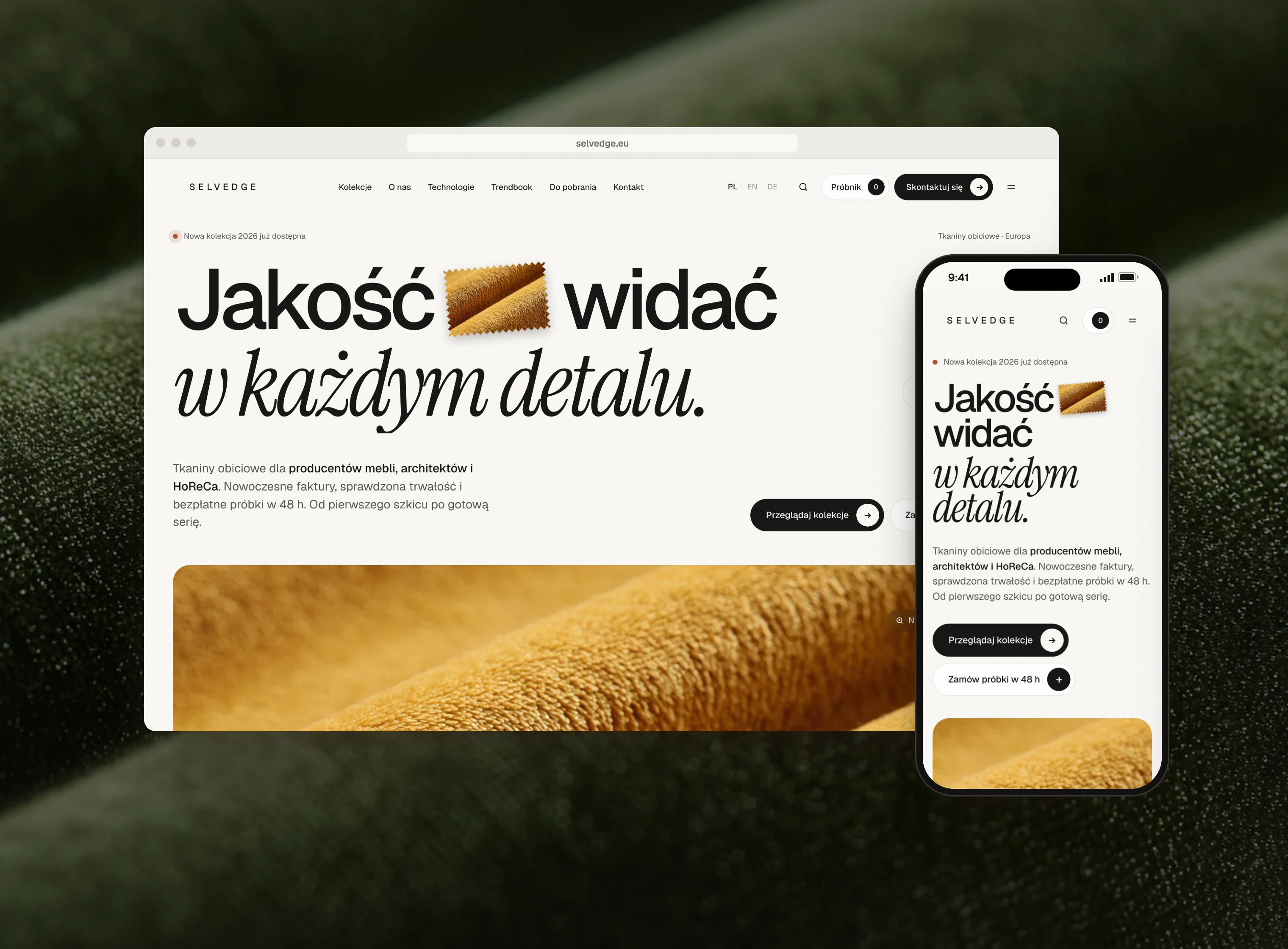 Strona Selvedge w oknie przeglądarki i na telefonie, na tle zielonego weluru