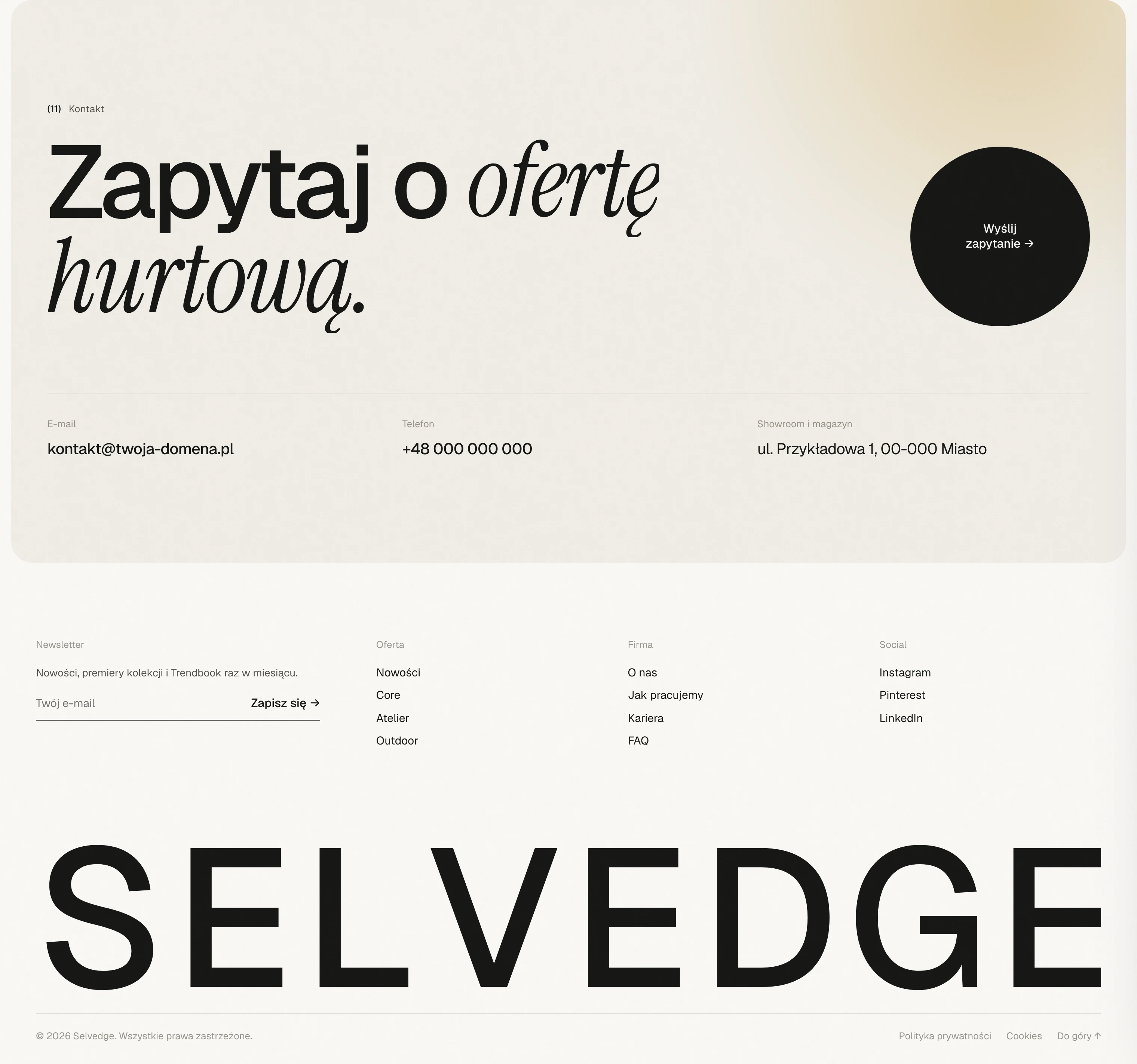 Kontakt „Zapytaj o ofertę hurtową” i stopka z newsletterem, nawigacją i dużym logotypem SELVEDGE
