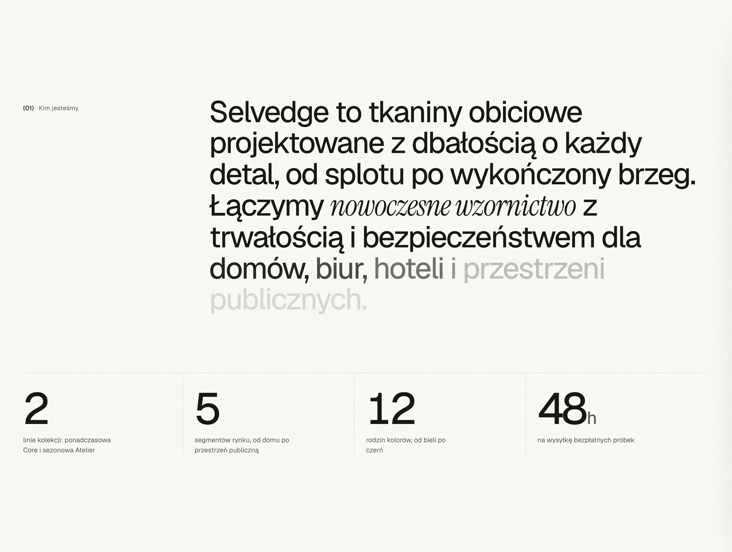 Sekcja „Kim jesteśmy” z opisem marki i czterema liczbami