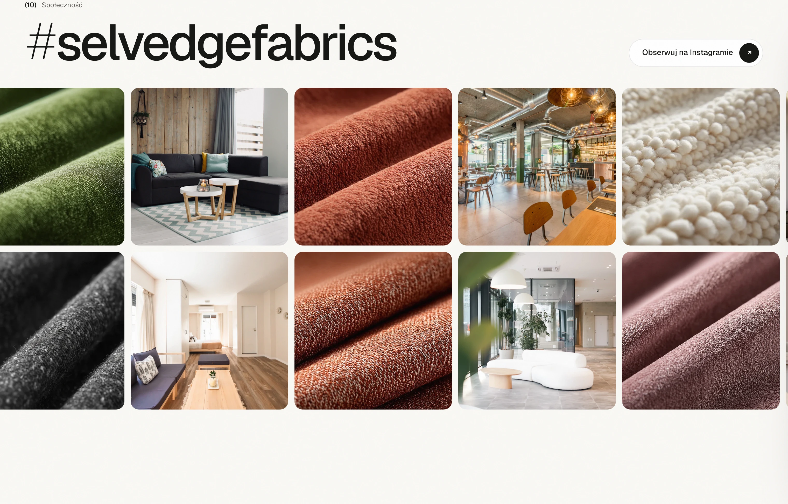 Sekcja #selvedgefabrics — siatka zdjęć tkanin i wnętrz