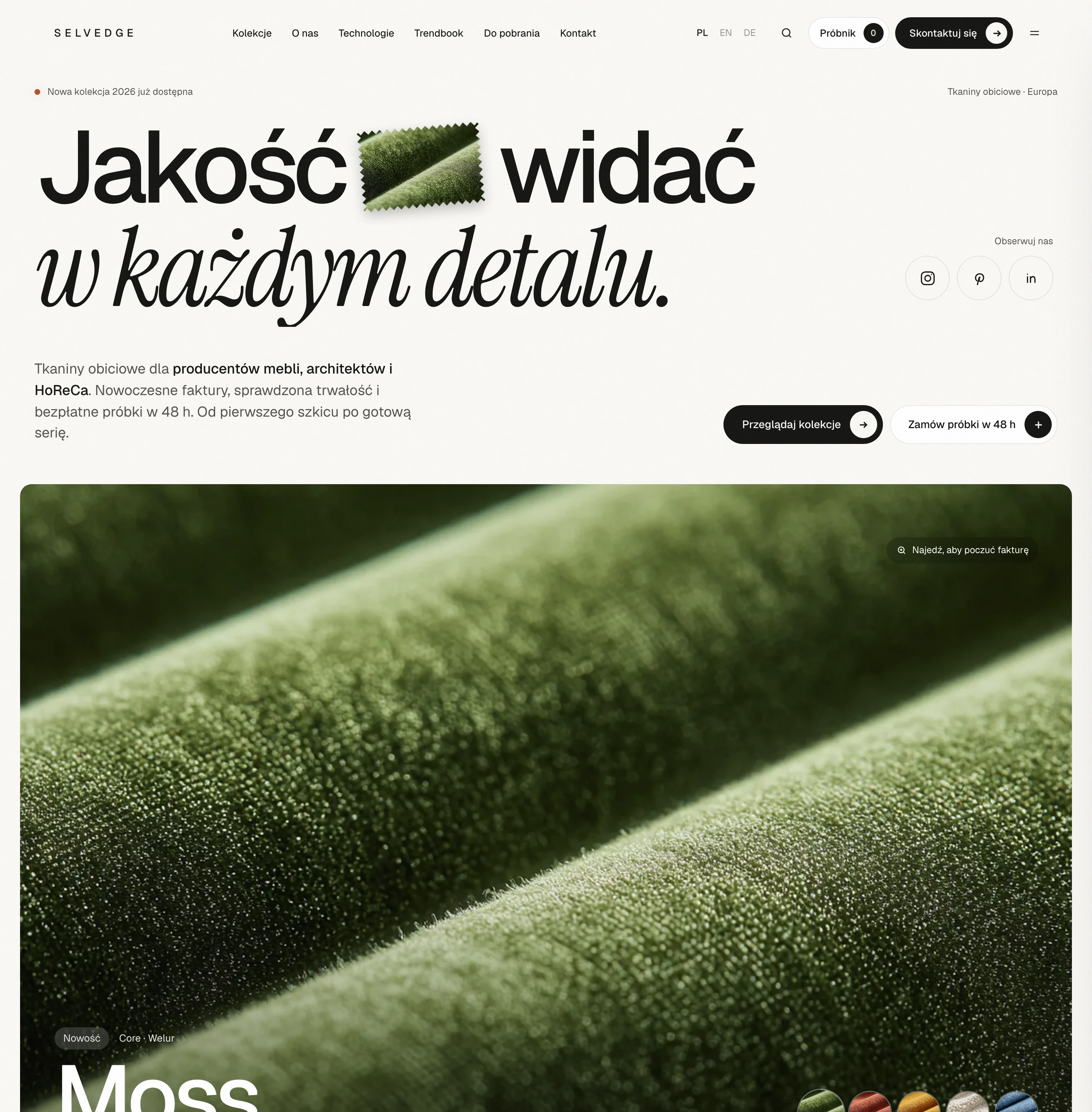 Hero strony — hasło „Jakość widać w każdym detalu” z próbką tkaniny w nagłówku i zbliżeniem faktury