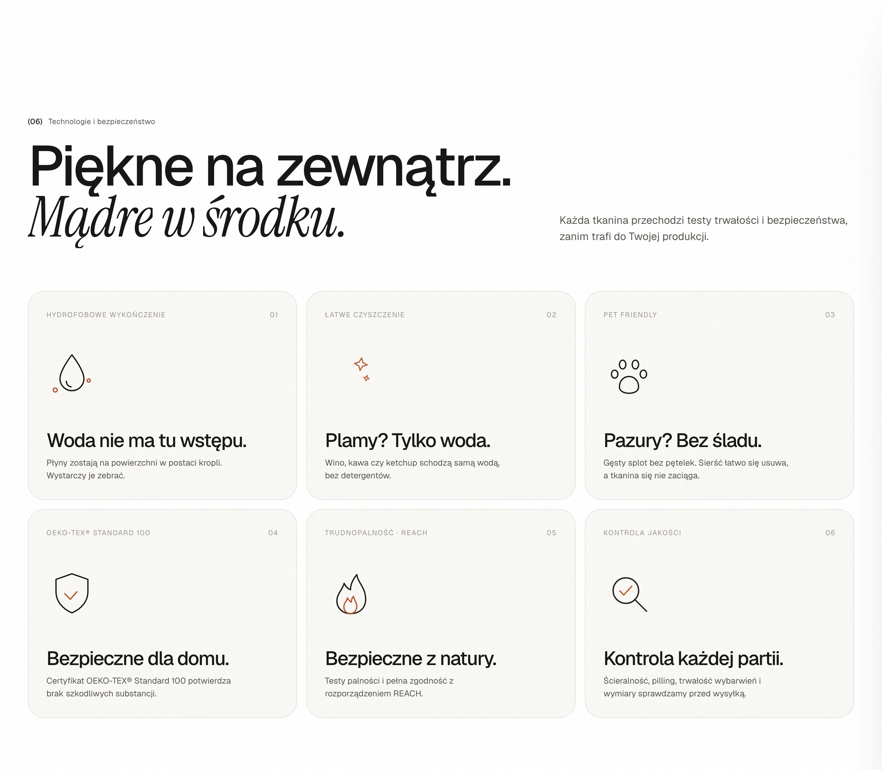 Sekcja „Piękne na zewnątrz. Mądre w środku.” — sześć kart właściwości i certyfikatów