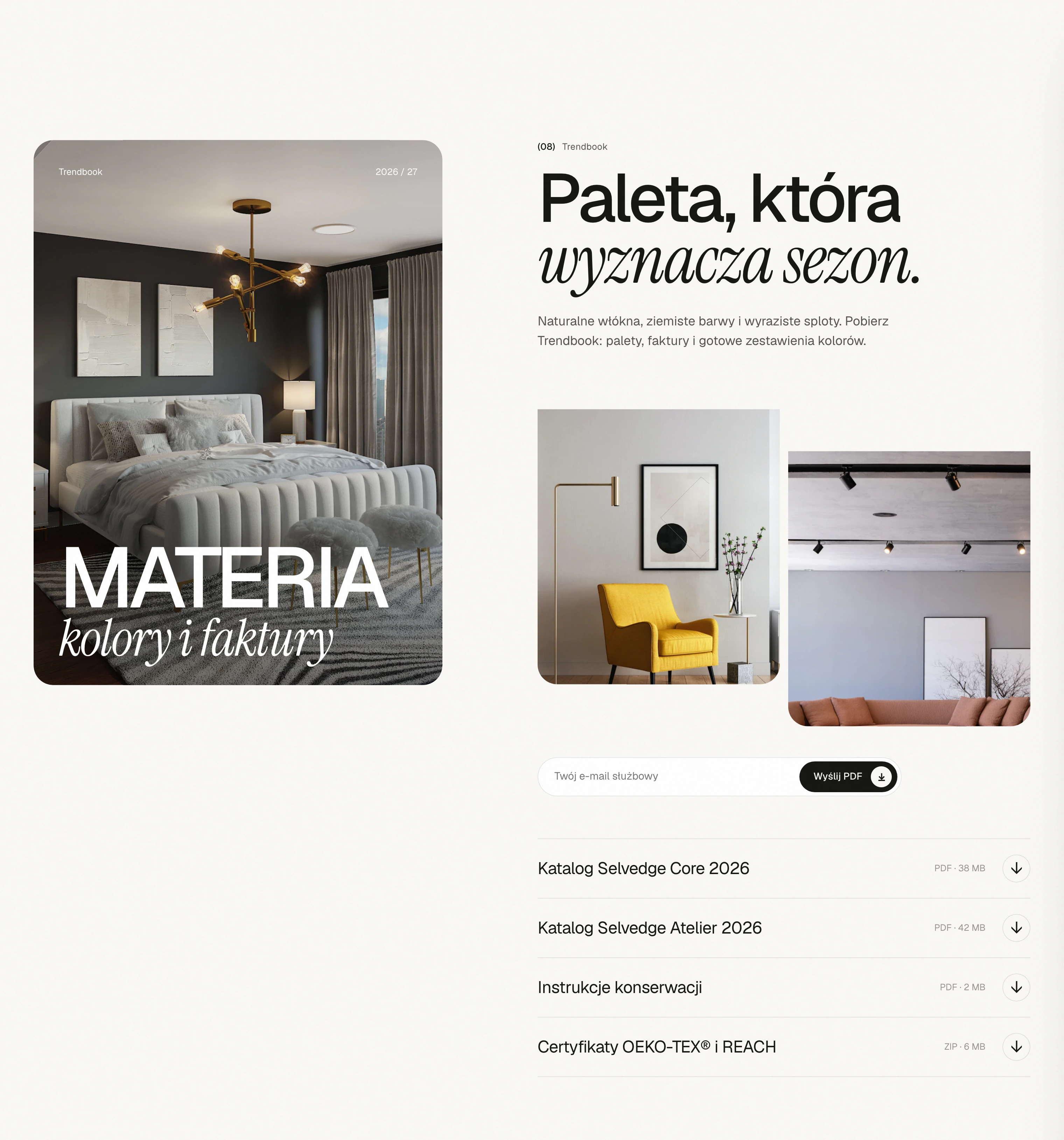 Trendbook „Materia” z formularzem pobrania i listą katalogów PDF
