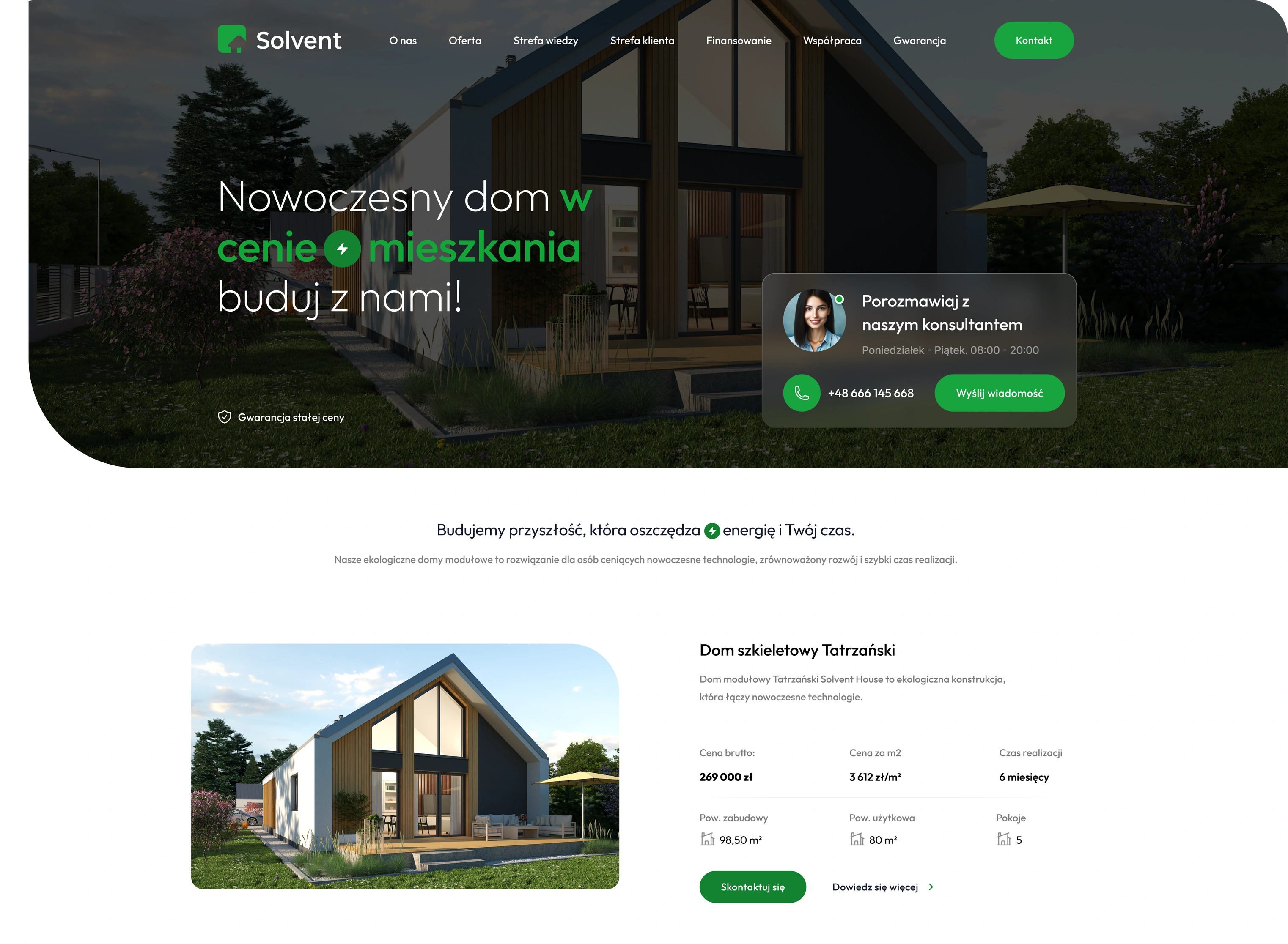 Solvent homepage on desktop — the “A modern house for the price of an apartment” hero with a consultant contact module and the first model card