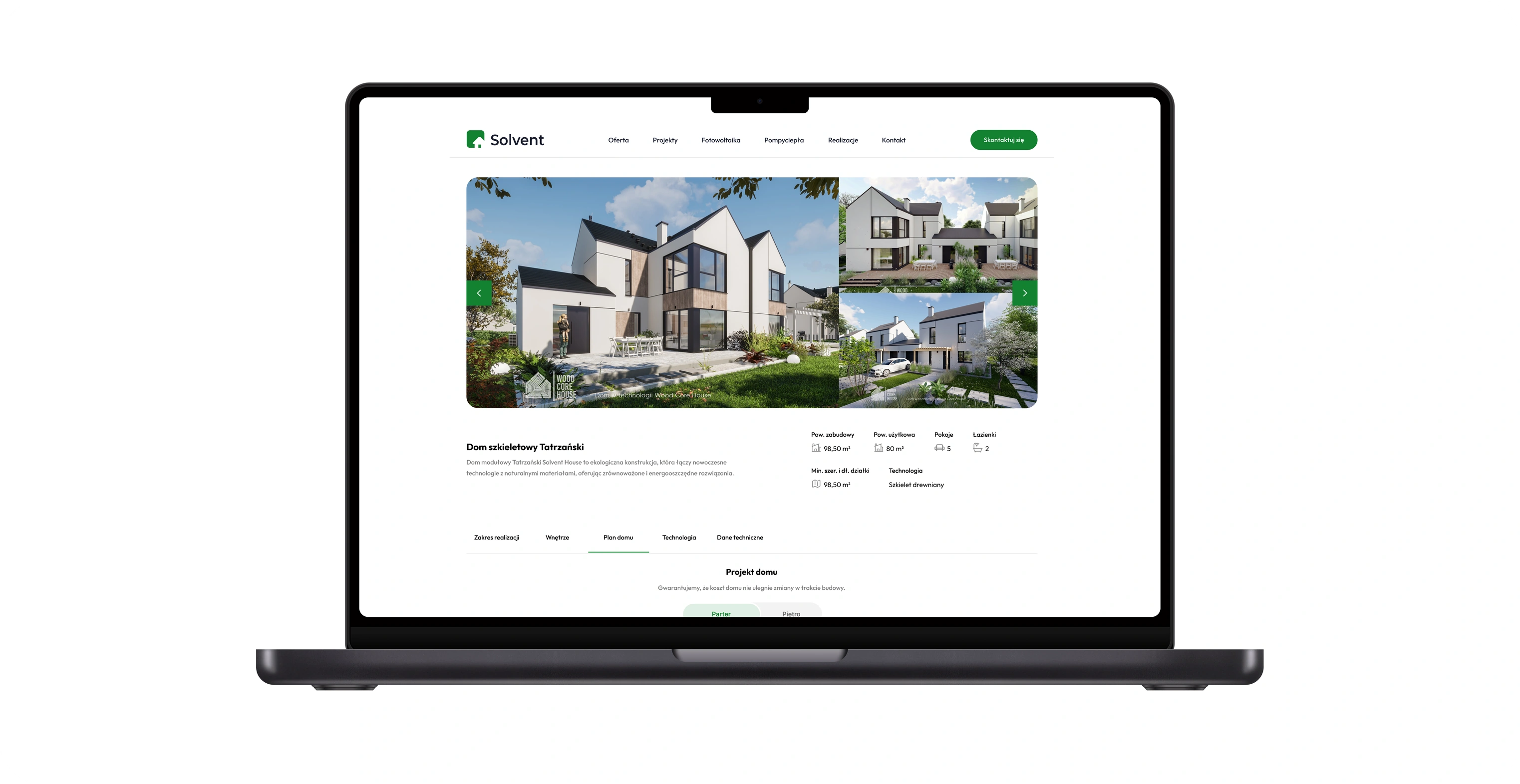 A home model card on a MacBook — visualisation gallery, technical data and floor-plan tabs