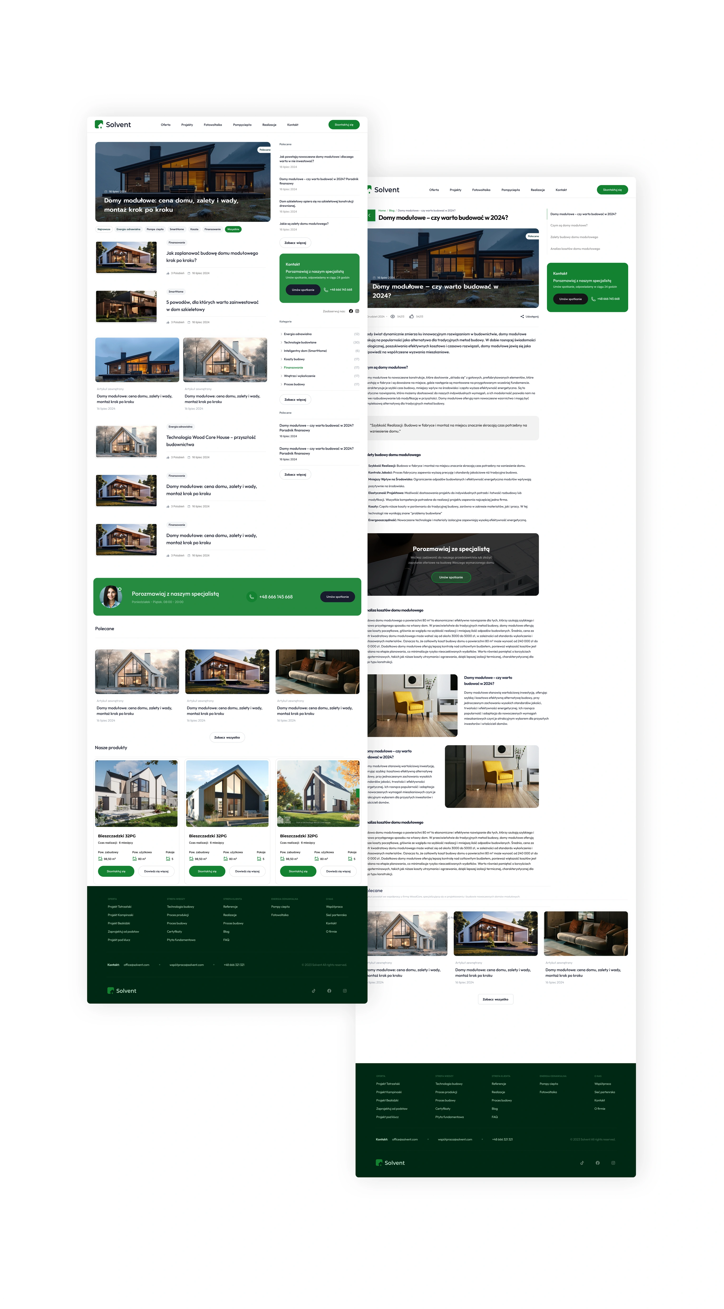 Full views of the blog listing and an article, with the contact module placed below the text rather than on top of it