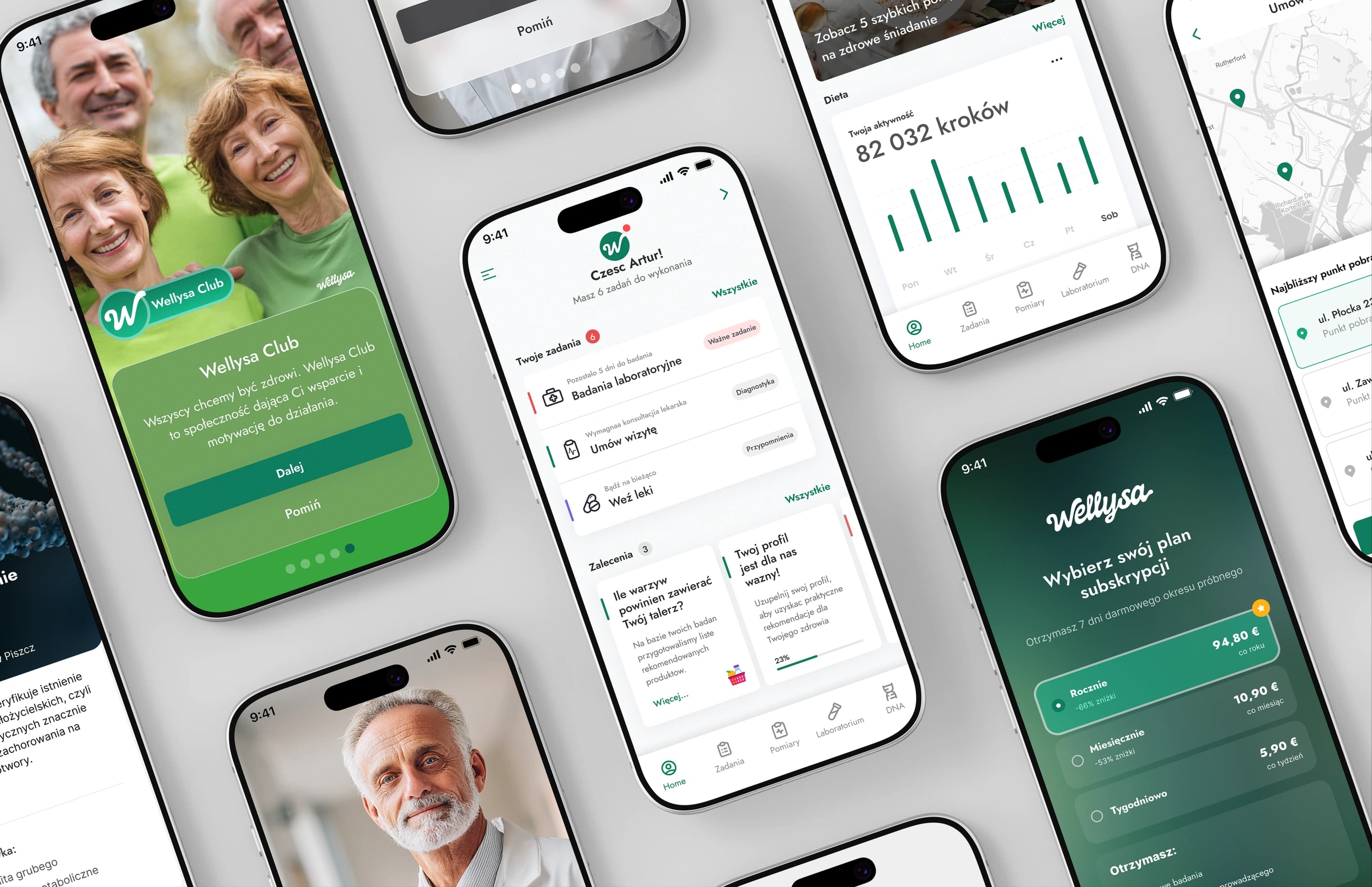 Wellysa app screens: health plan, activity, map of collection points and subscription plans