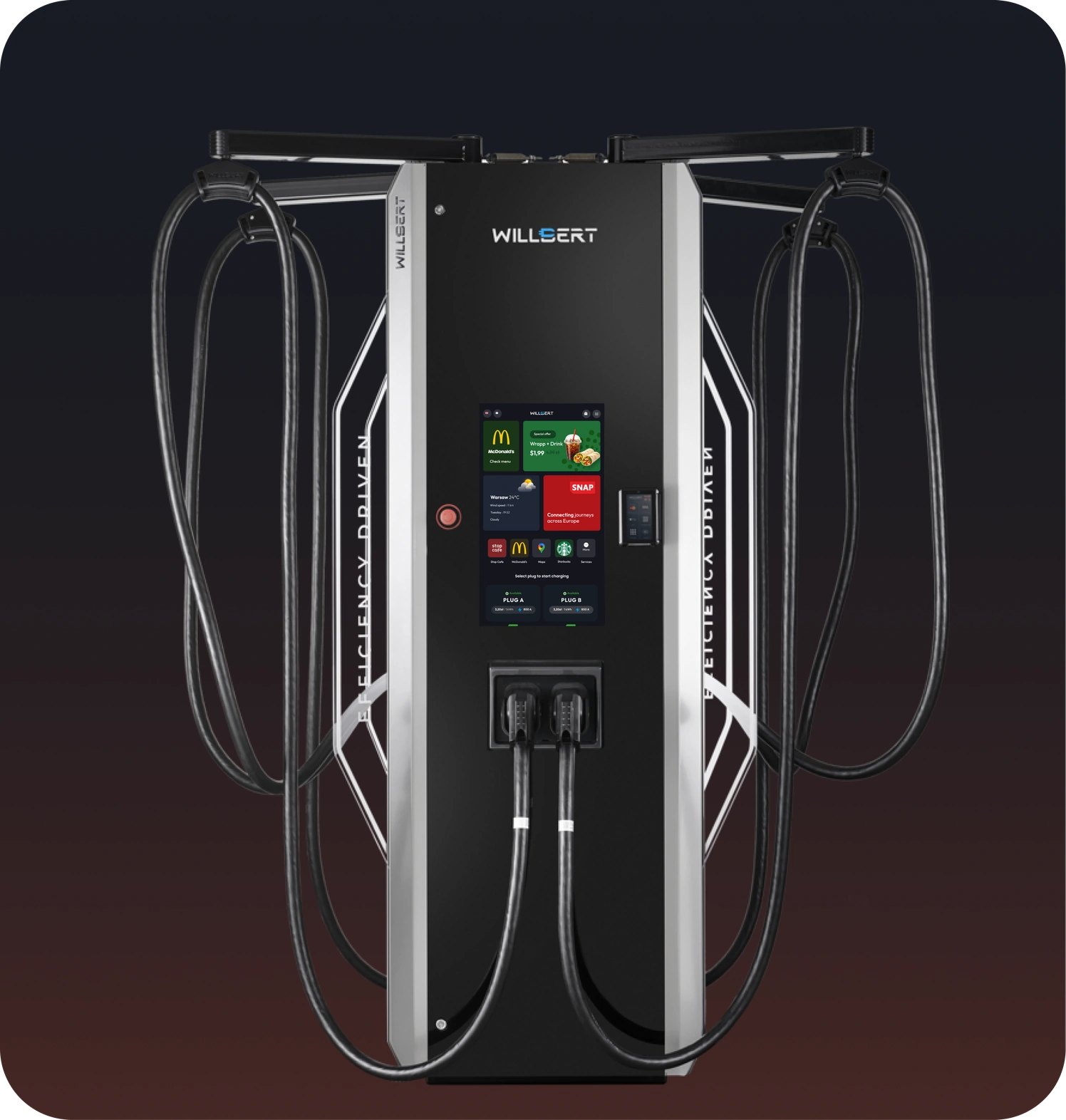The Willbert charger — four cables, two screens, one pillar