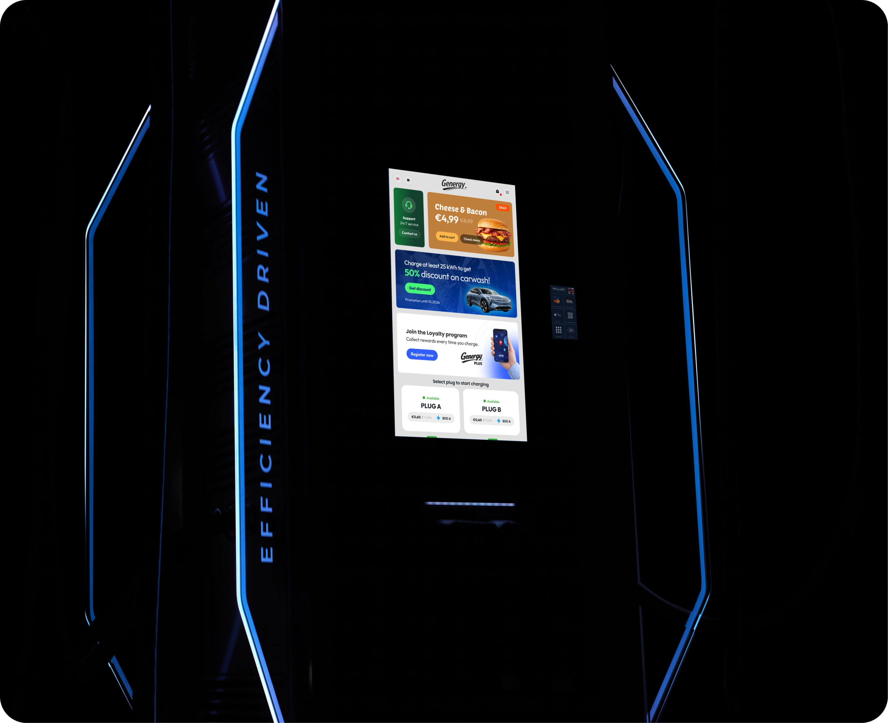 The charger at night — the same interface under a partner brand, with offers, a car-wash promotion and connector selection