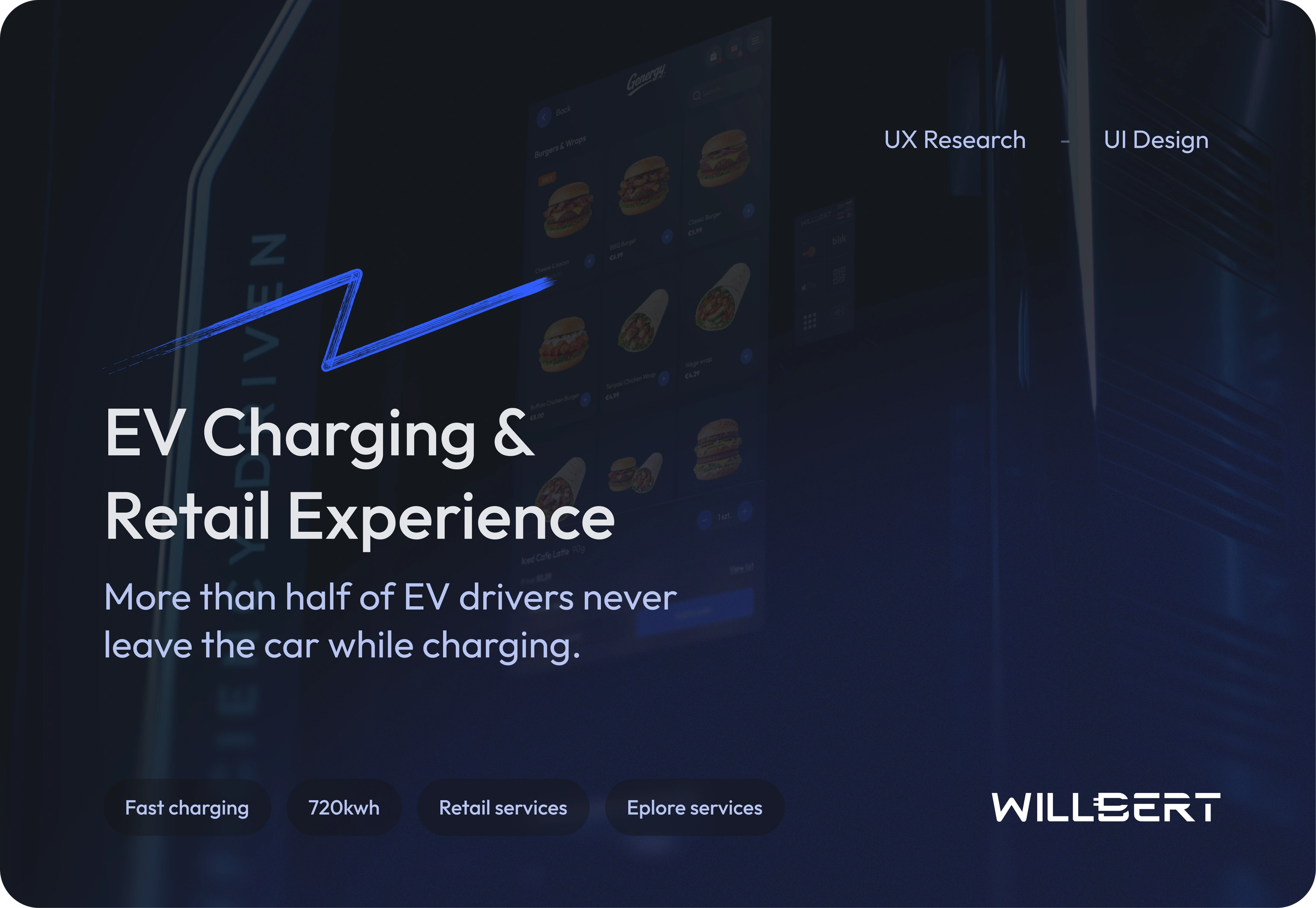 Key visual — the Willbert charger screen with partner offers, against the station