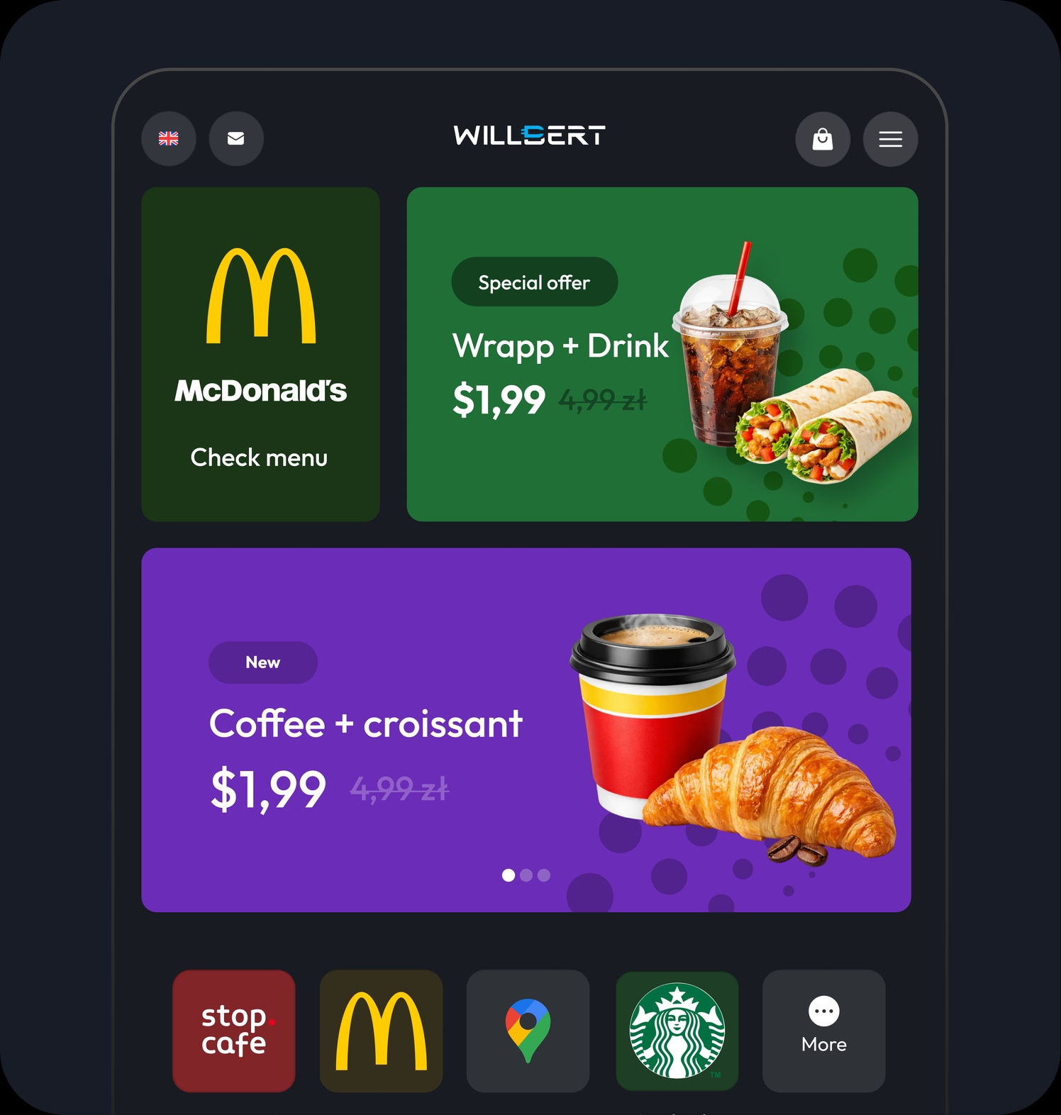 Charger home screen with McDonald’s, Wrapp + Drink and Coffee + croissant offers