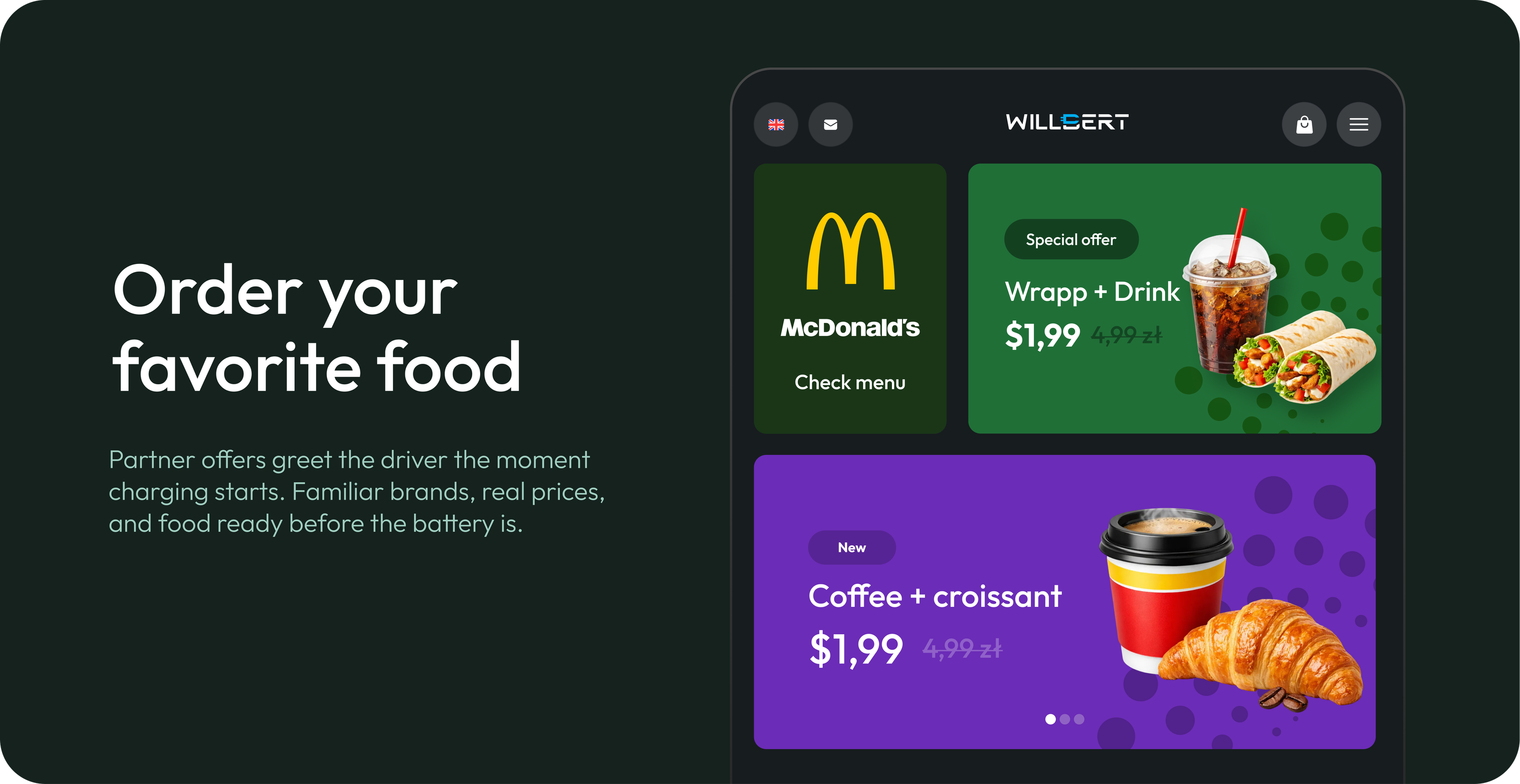 Ordering food from station partners directly on the charger screen