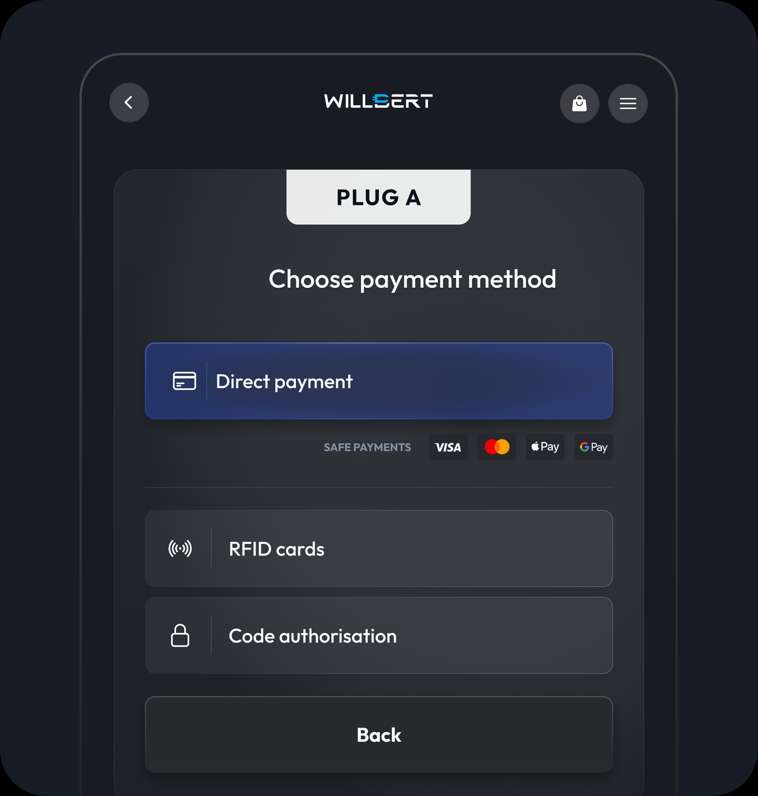 Payment method screen — direct payment, RFID cards, code authorisation