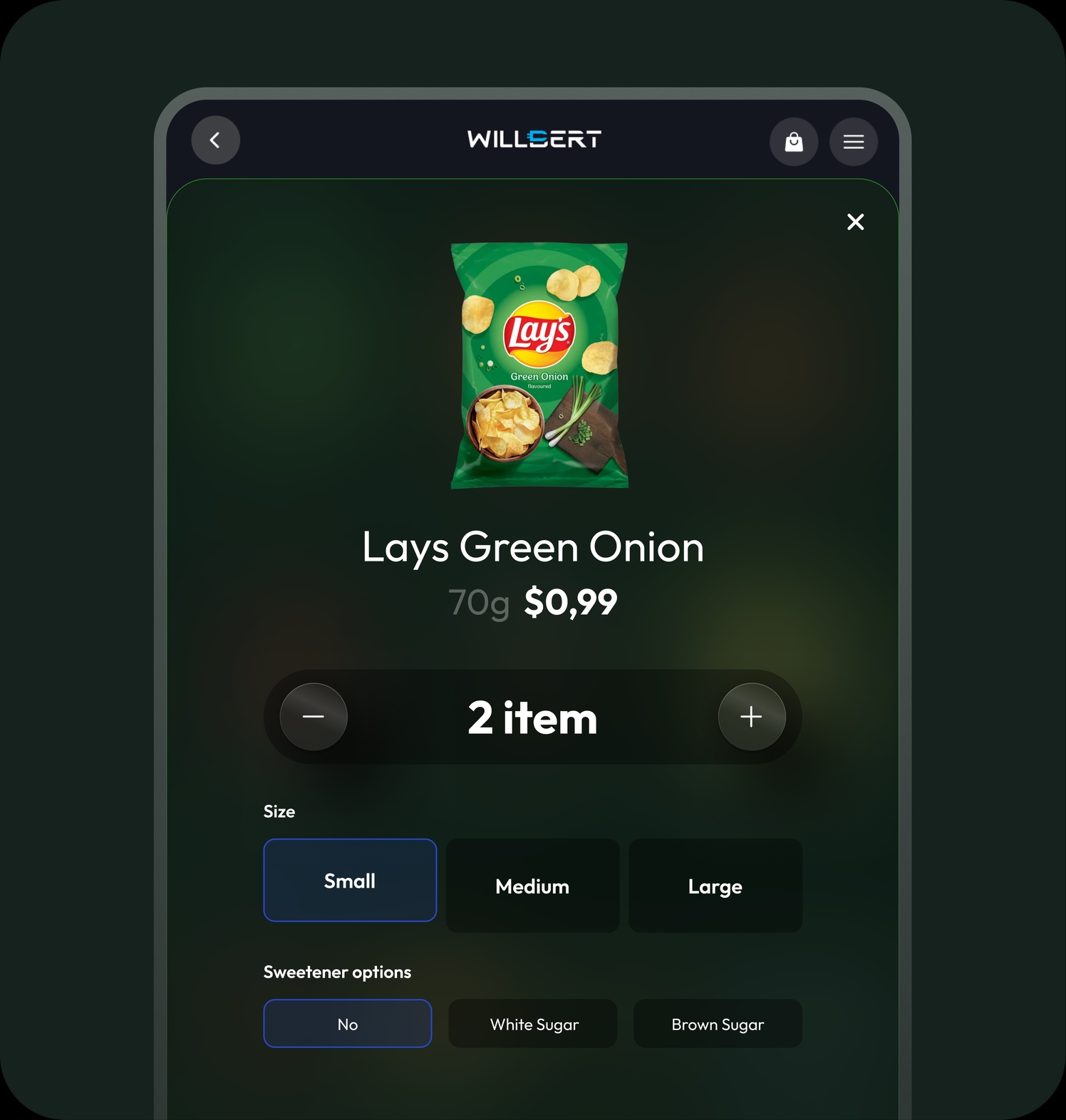 Product card — size, quantity and extras chosen in two taps