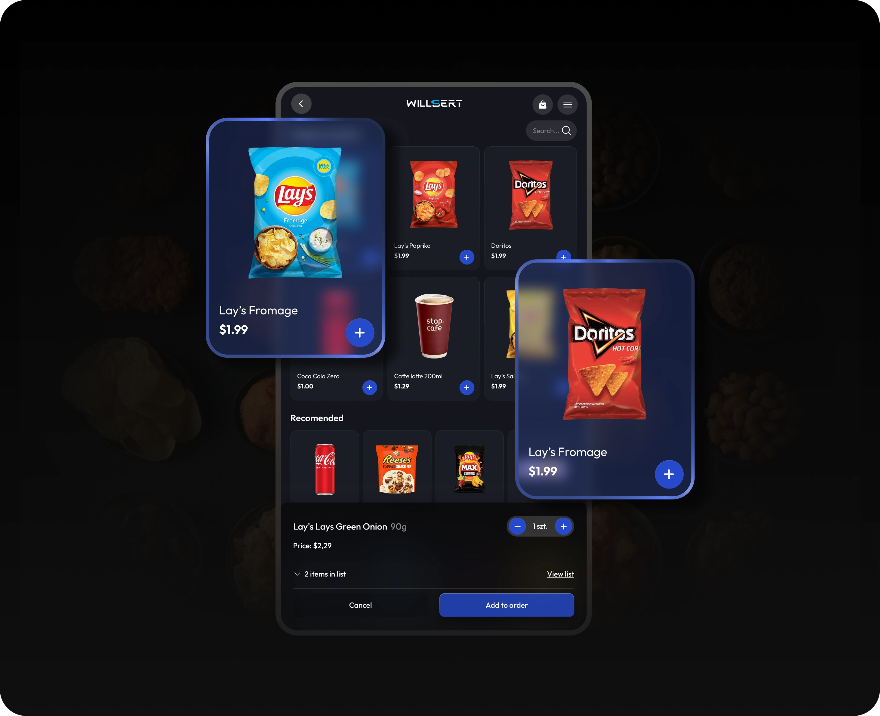 Two product cards breaking out of the store screen, against a frame of snacks