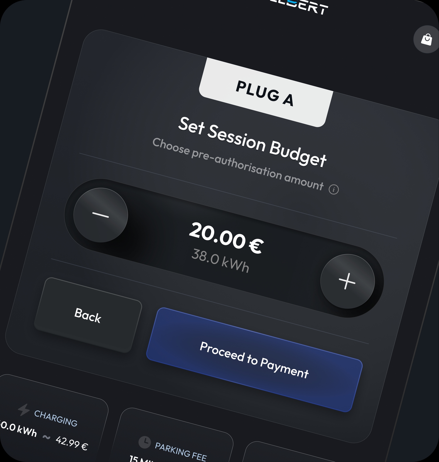 Session budget screen with the pre-authorisation amount converted to kilowatt-hours in real time