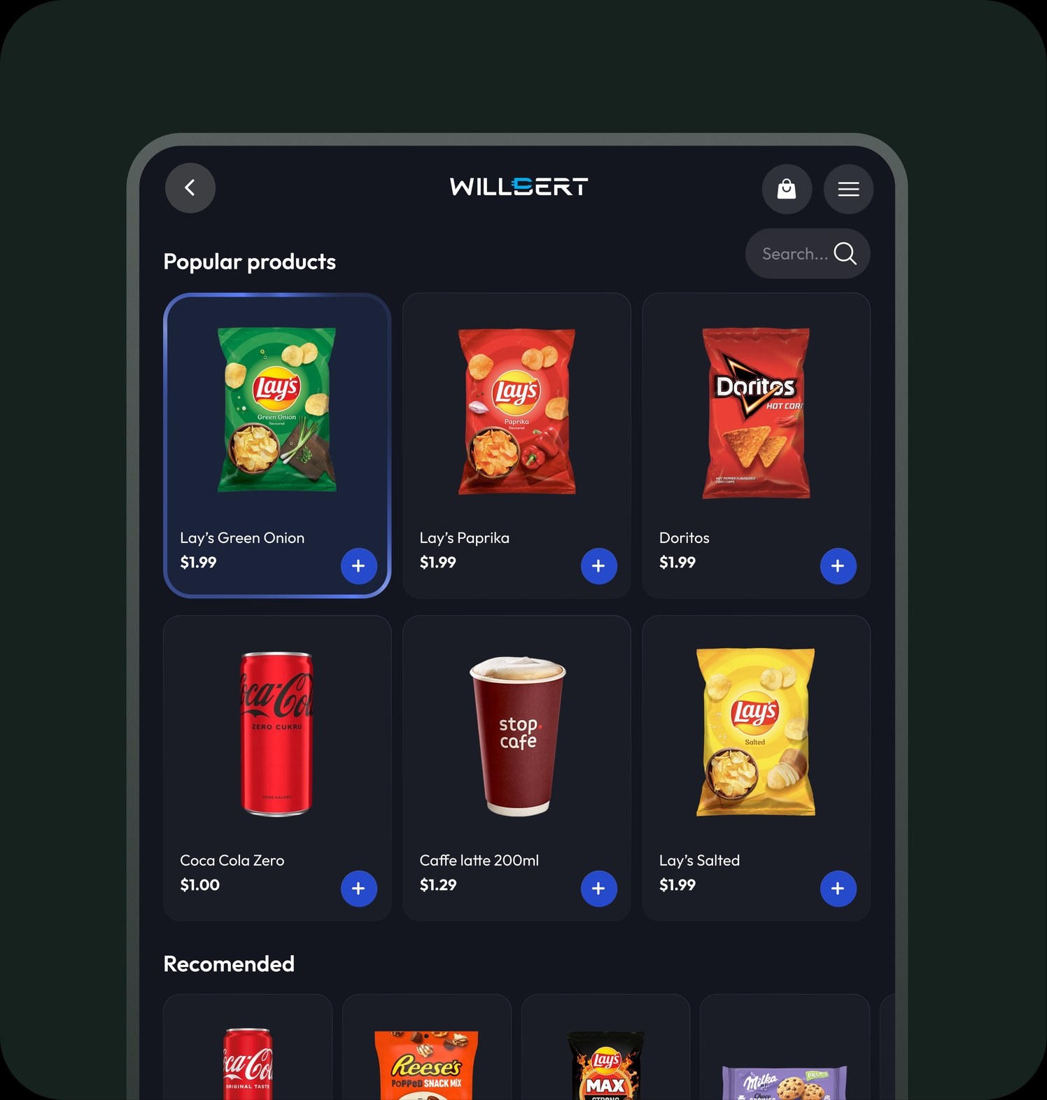 Store screen — snacks and drinks in a grid familiar from delivery apps