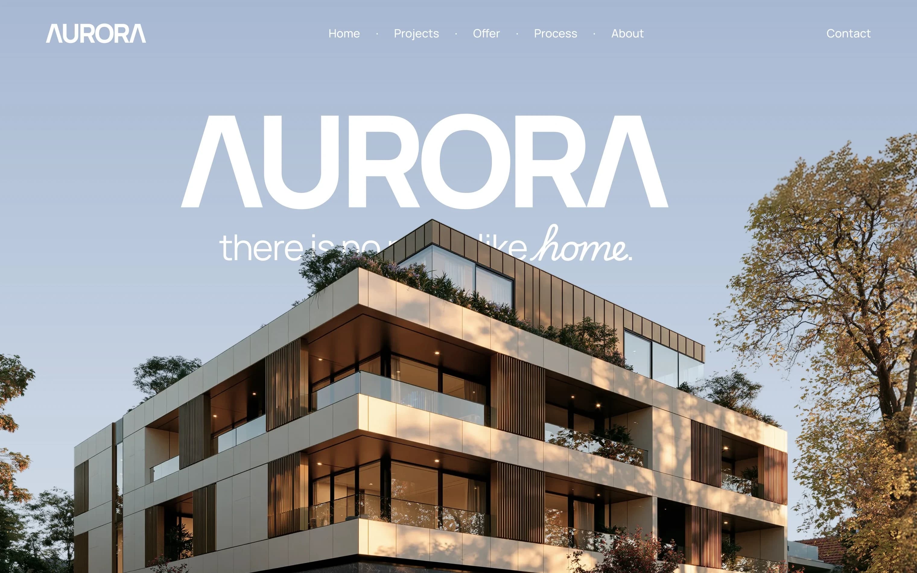 Aurora website: the AURORA name above a modern building and the tagline “there is no place like home”