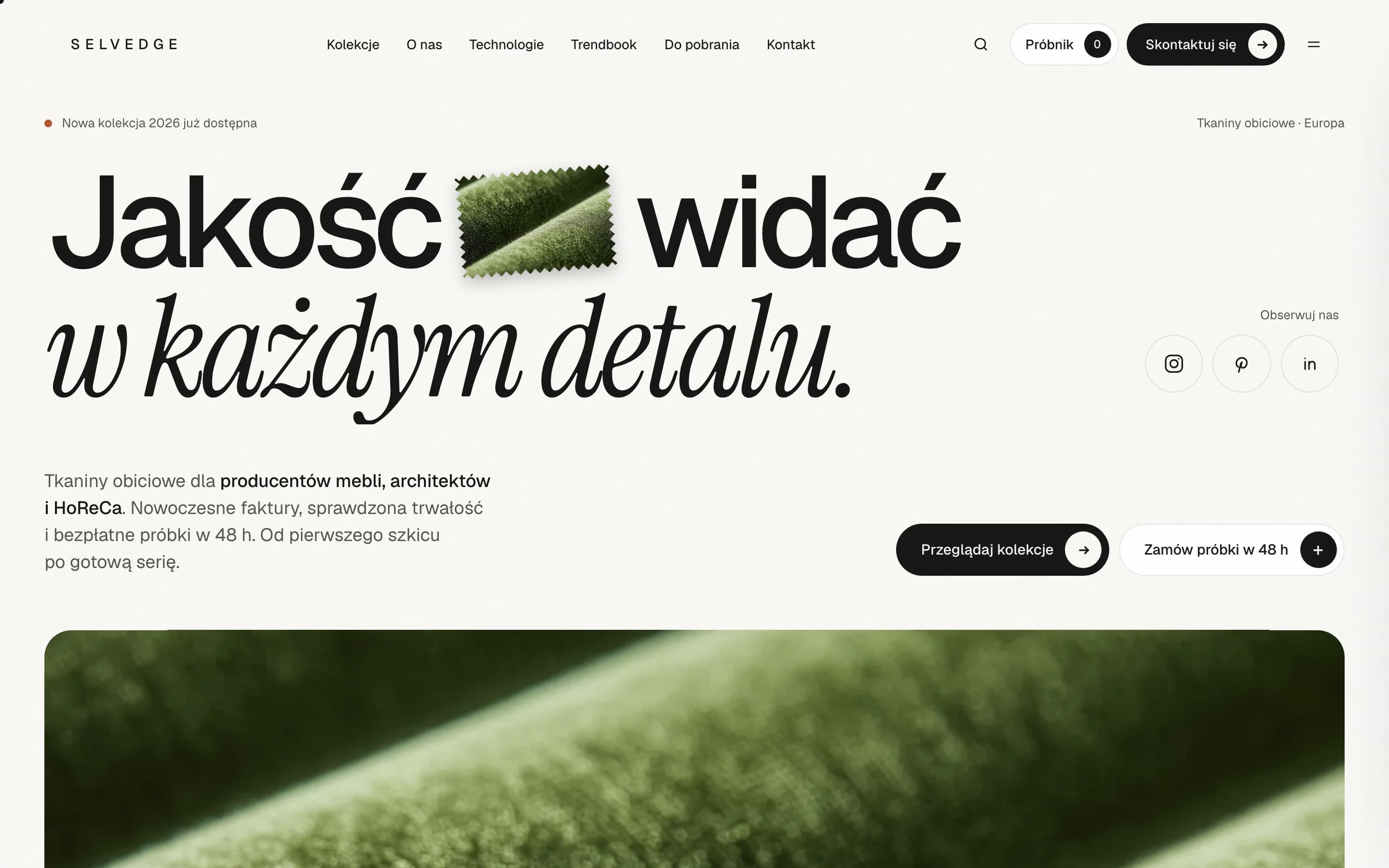 Selvedge website: the headline “Quality shows in every detail” with a fabric swatch and a close-up of green velvet